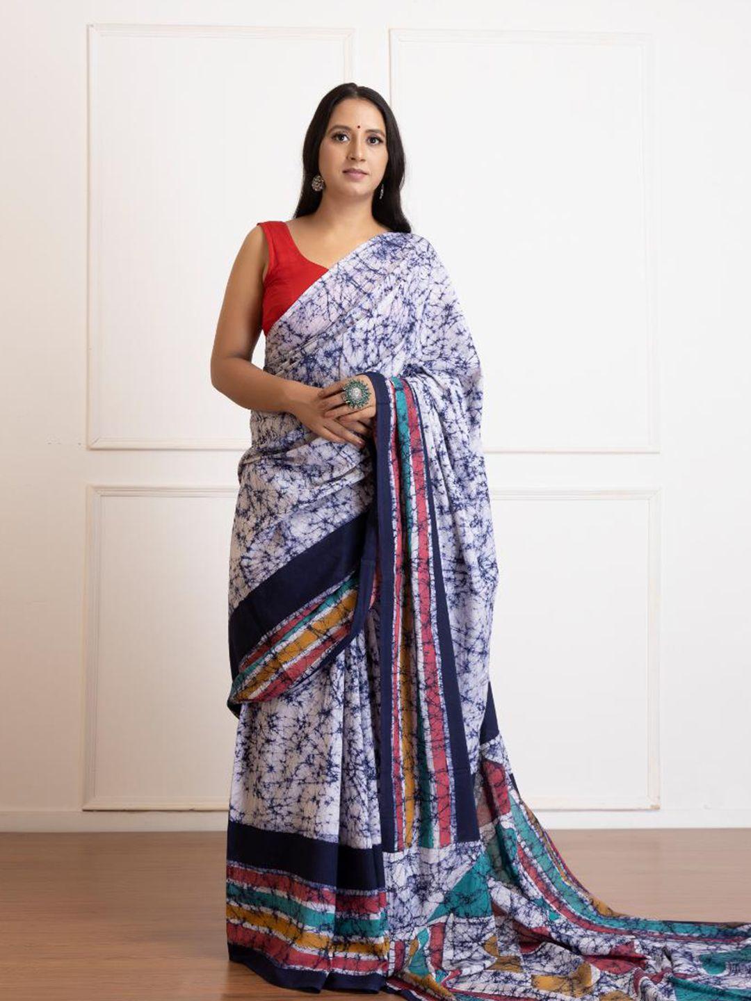 baisacrafts blue & white pure cotton block print saree