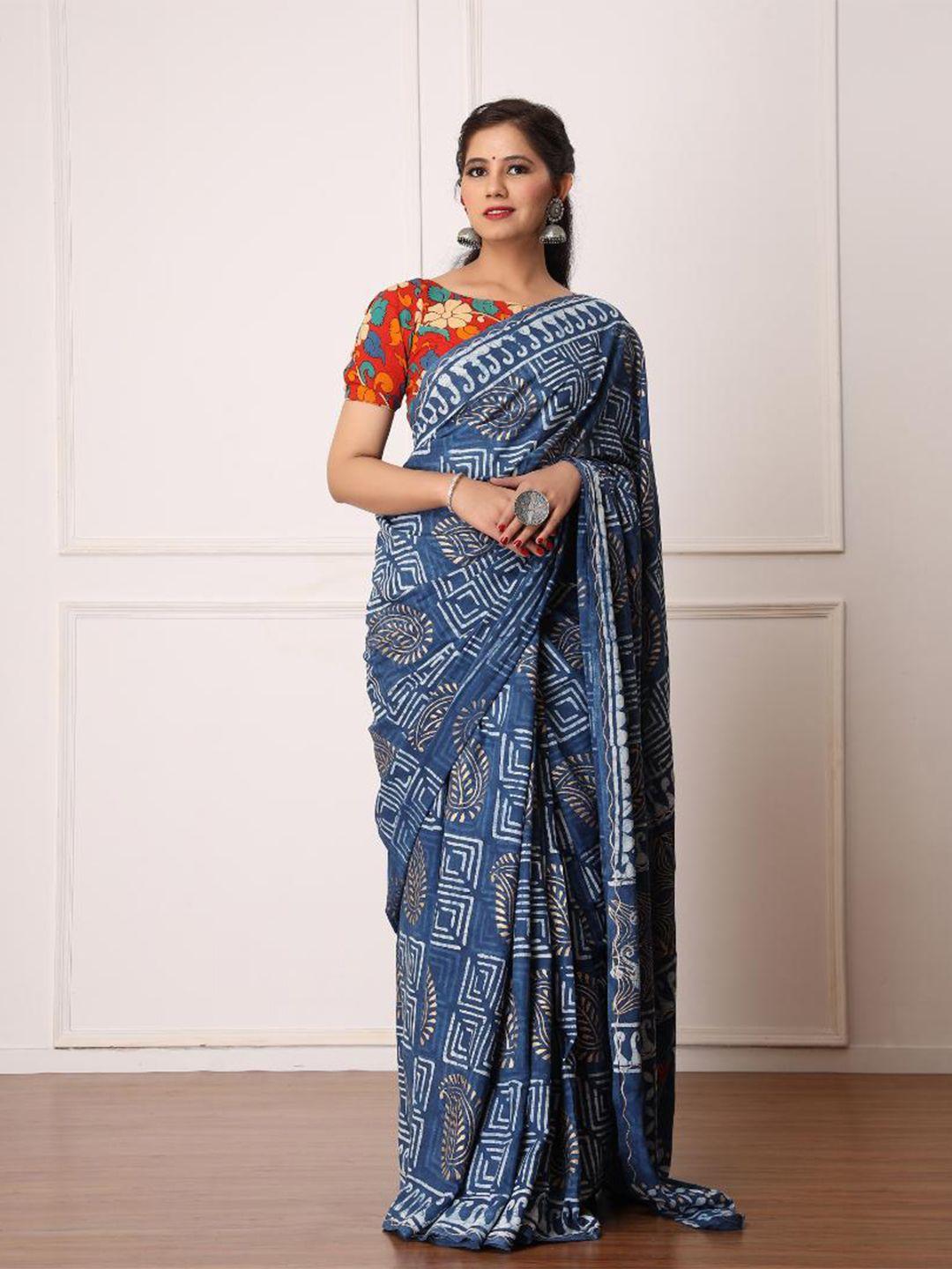 baisacrafts blue & white pure cotton dabu saree