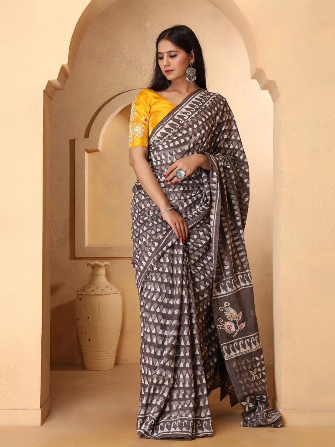 baisacrafts grey & white batik pure cotton dabu saree