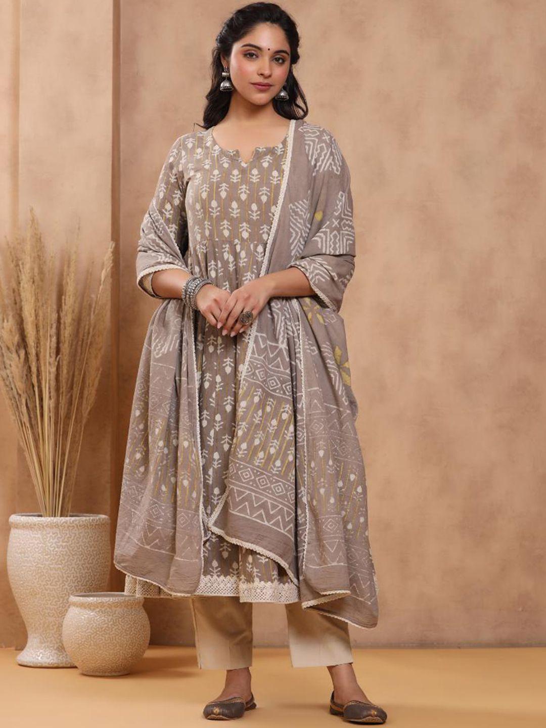 baisacrafts grey kashish dabu hand block pure cotton anarkali kurta with trousers & dupatta