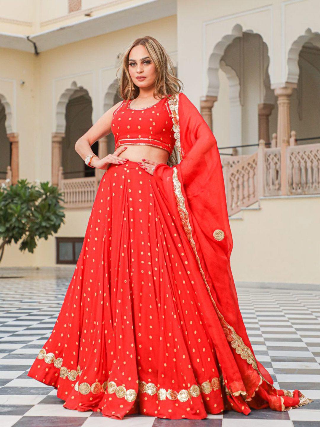 baisacrafts red & gold-toned bandhani printed sequinned lehenga choli with dupatta