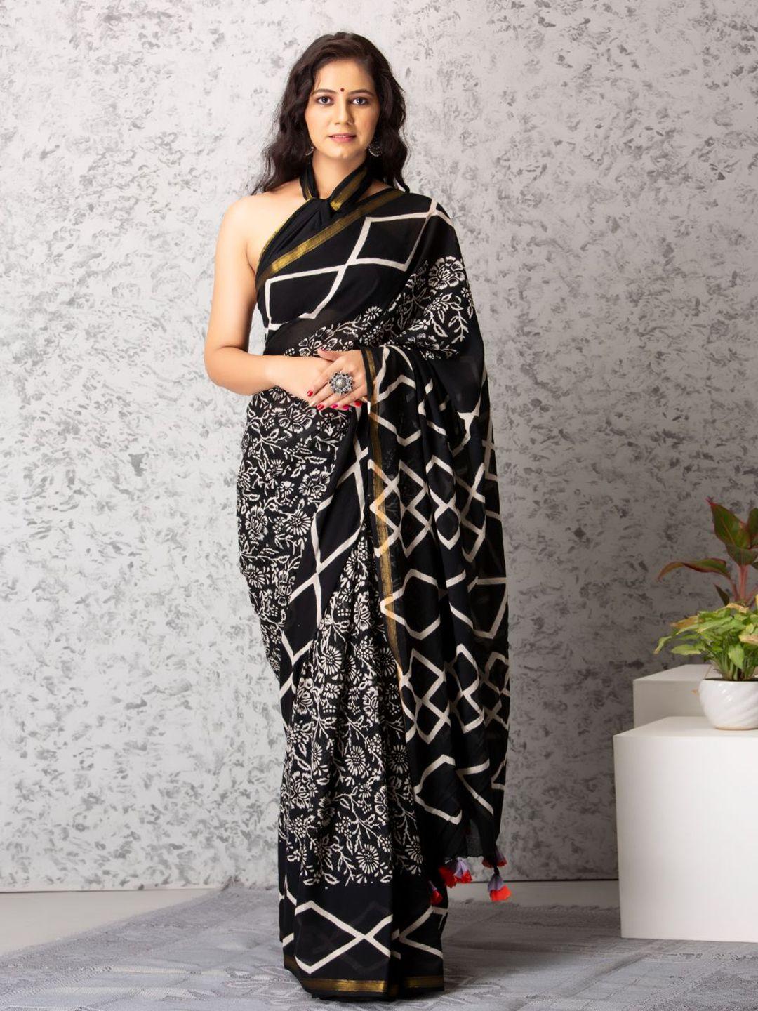 baisacrafts women black & white floral pure cotton block print saree