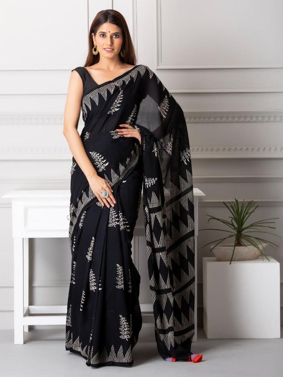 baisacrafts women black & white pure cotton block print saree