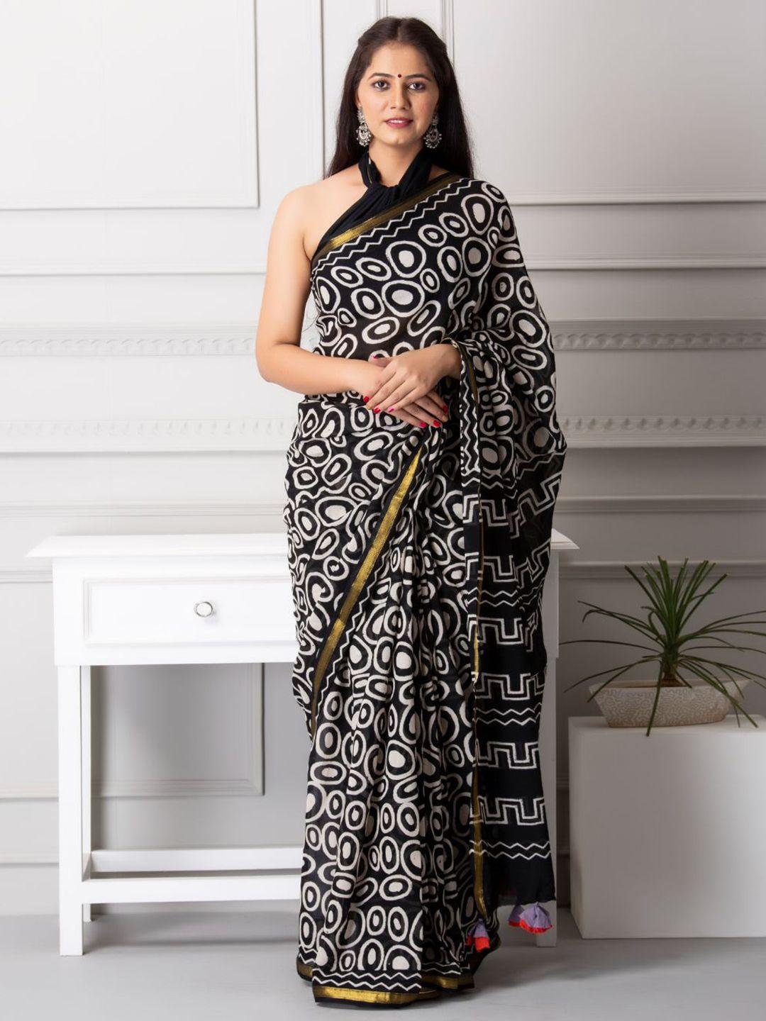 baisacrafts women black & white pure cotton block print saree