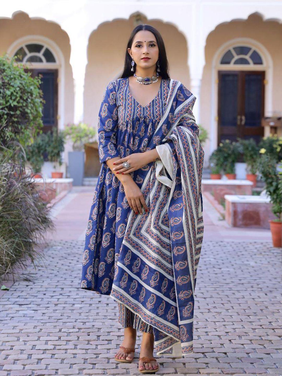 baisacrafts women blue printed panelled pure cotton kurta with trouser & dupatta