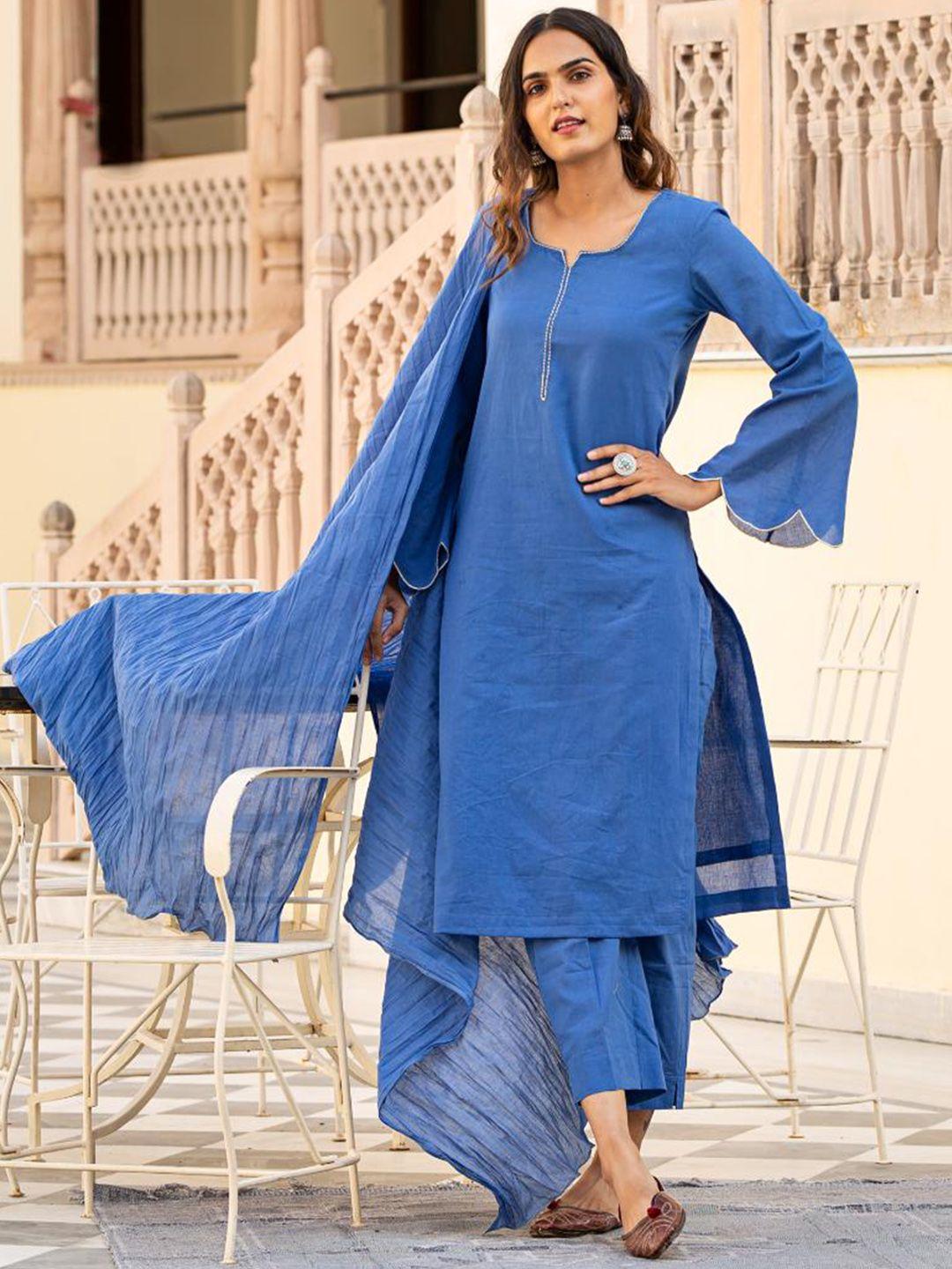 baisacrafts women blue pure cotton kurta with trousers & with dupatta