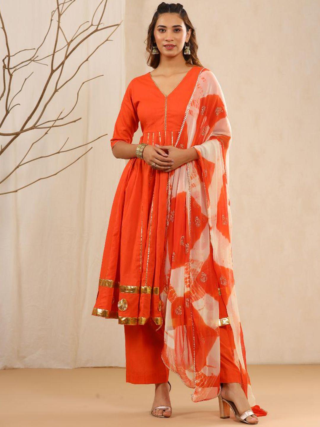 baisacrafts women orange solid gotapatti work pure cotton kurta with trousers & dupatta
