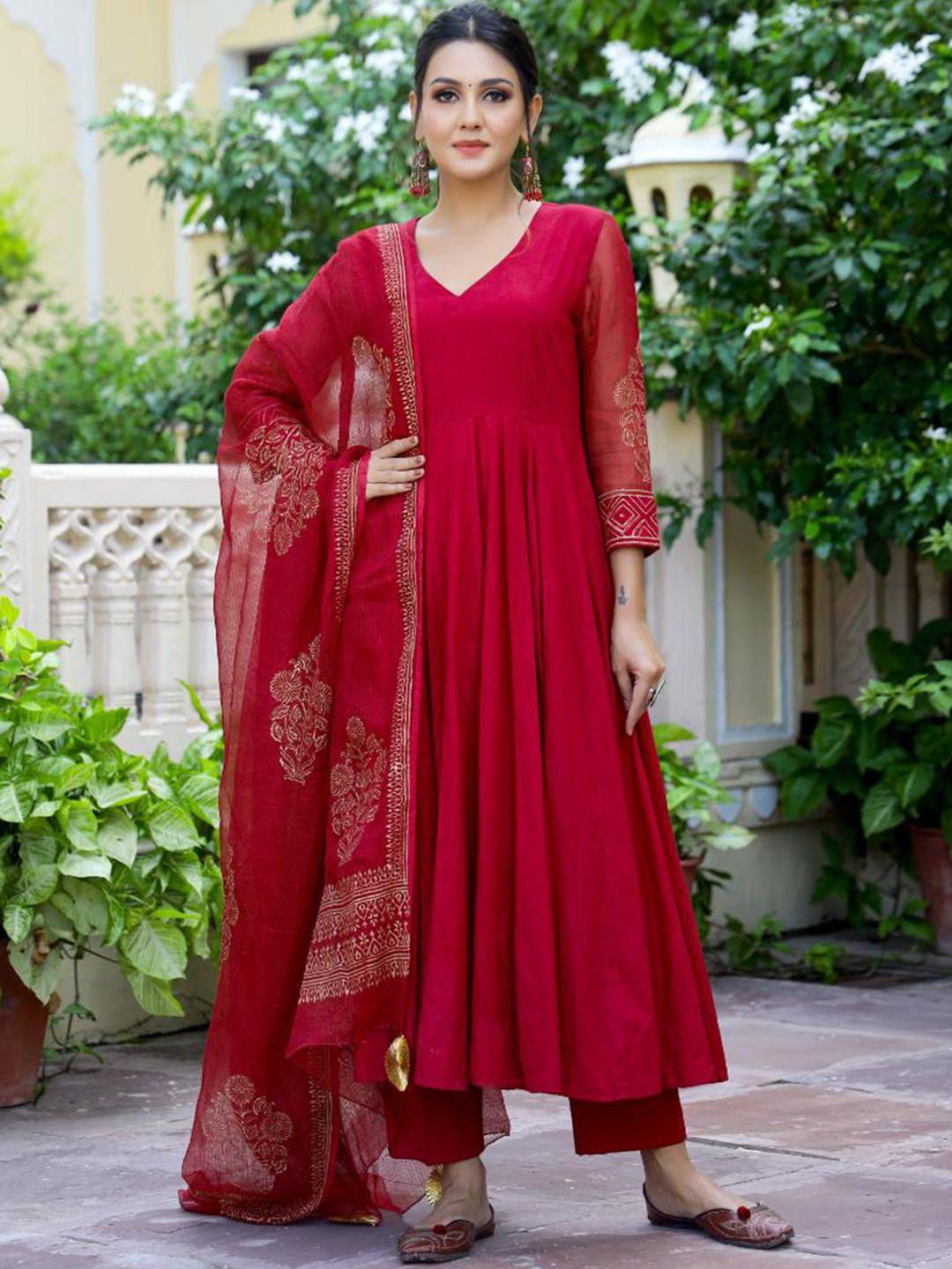 baisacrafts women red handblock printed pure cotton anarkali kurta with trousers & dupatta