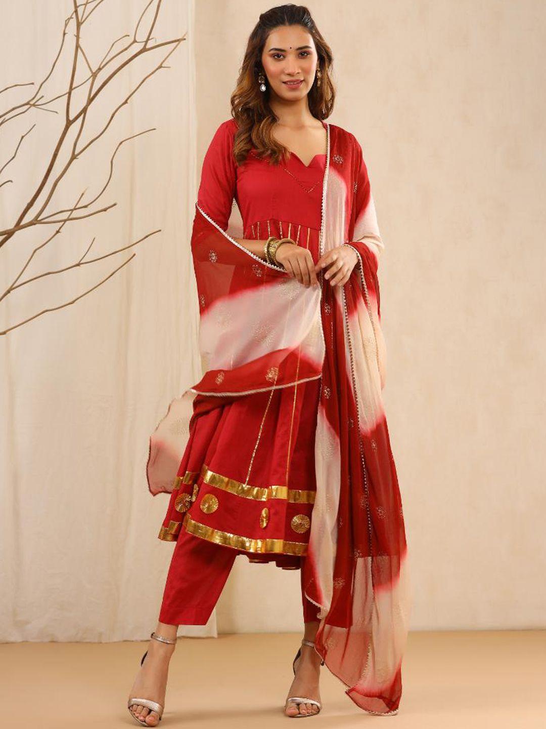 baisacrafts women red solid gotapatti work pure cotton kurta with trouser & dupatta
