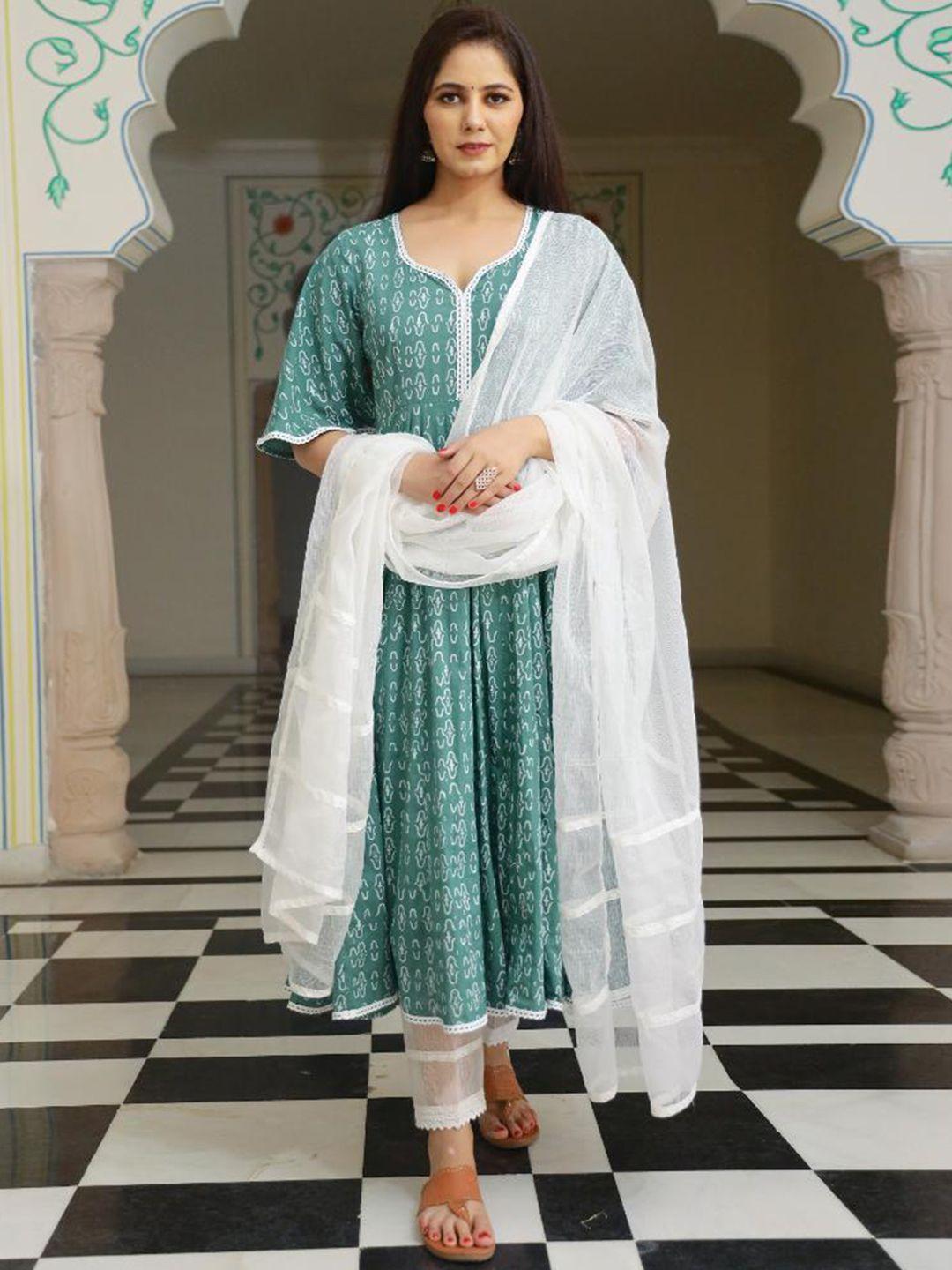baisacrafts women teal pure cotton kurta with trousers & with dupatta