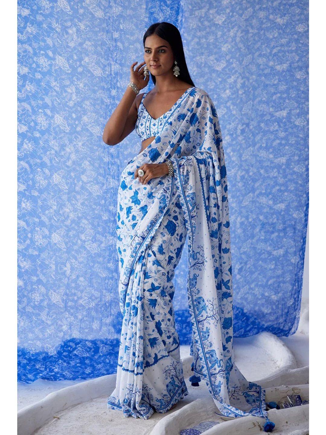 baise gaba white & blue ethnic motifs saree