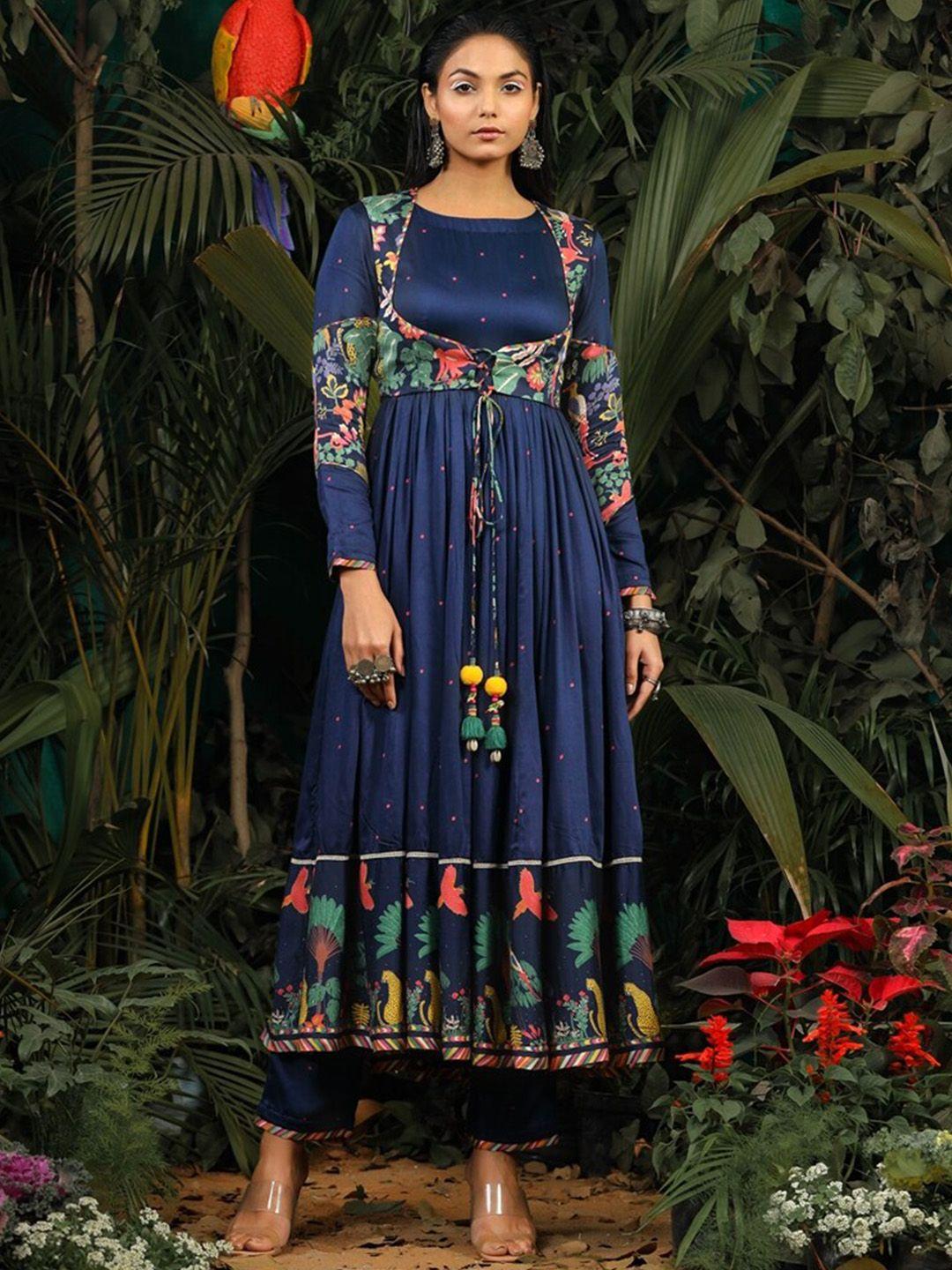 baise gaba floral printed pleated satin kurta with trousers & with dupatta