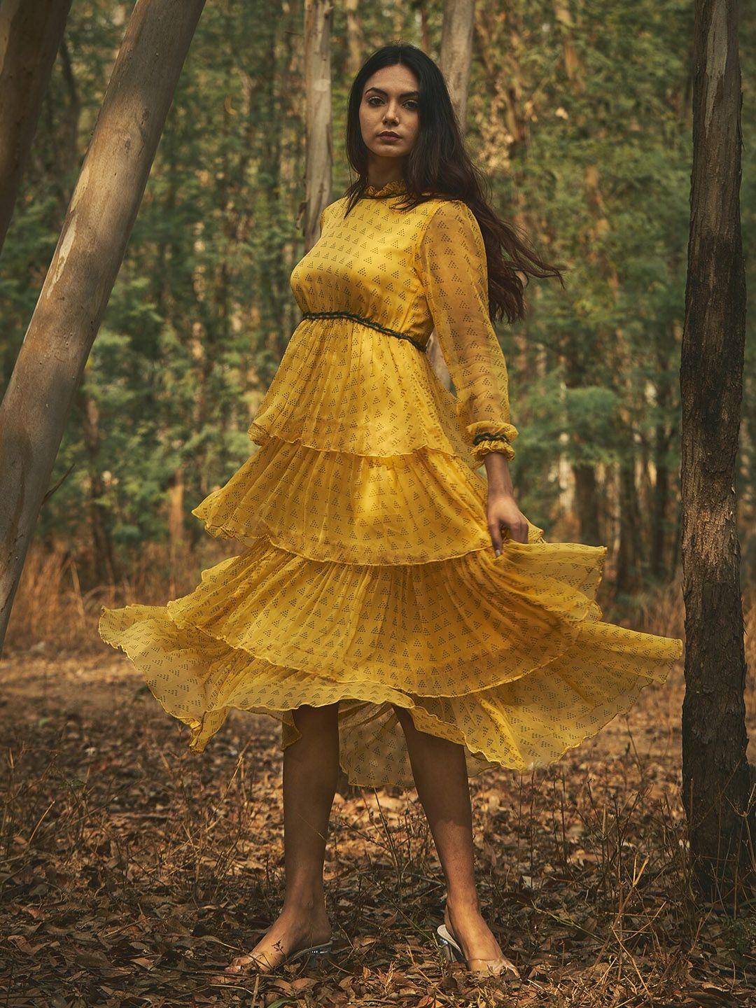 baise gaba girls geometric printed layered midi fit & flare dress