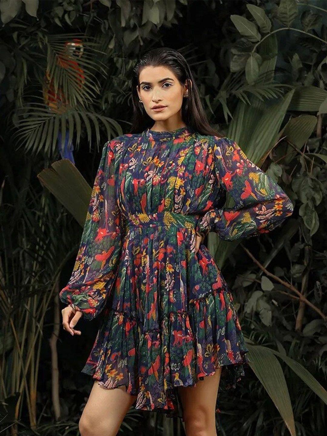 baise gaba navy blue tropical printed lared a-line dress