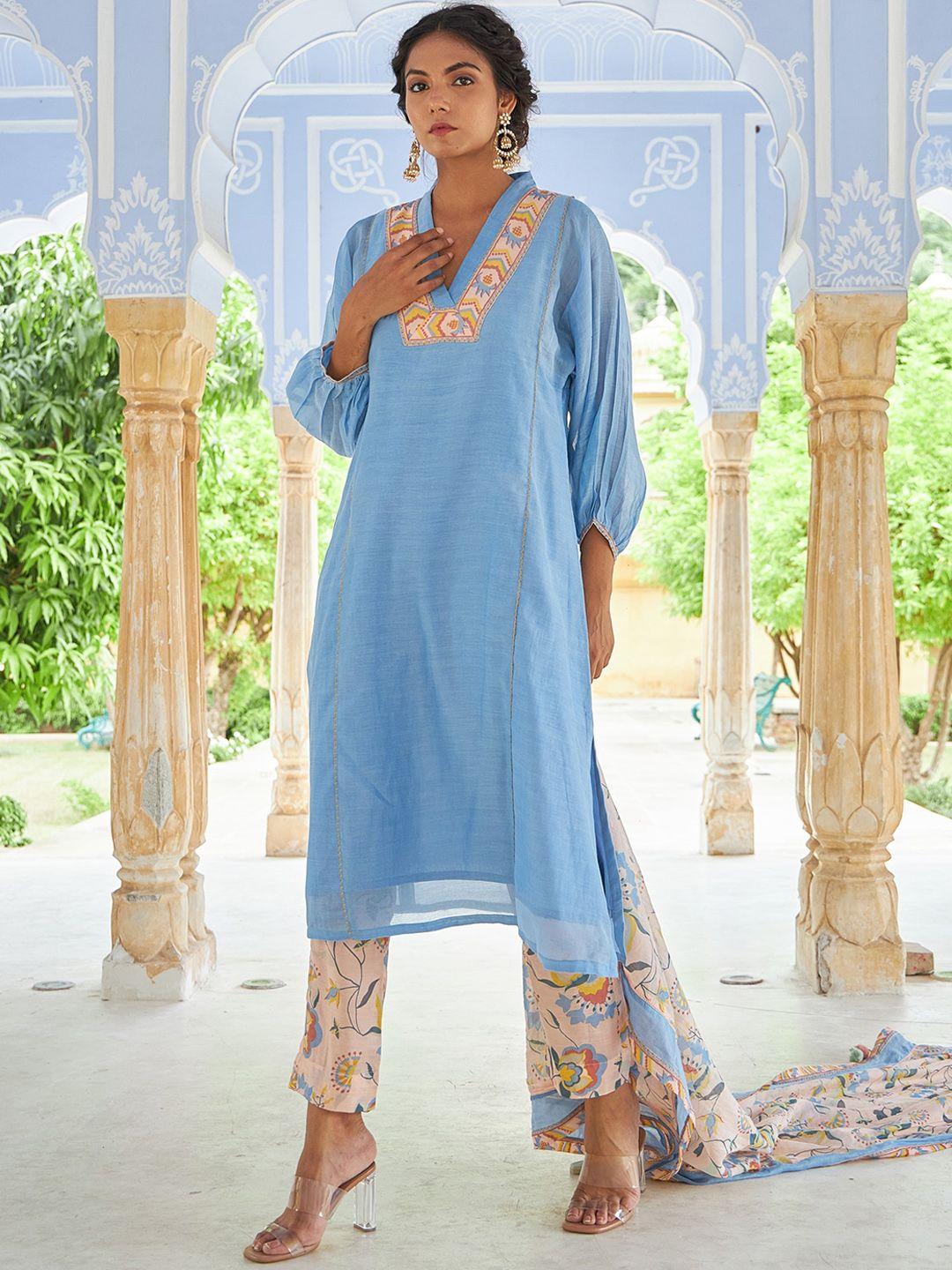 baise gaba v-neck ethnic motifs printed a-line chanderi cotton kurta