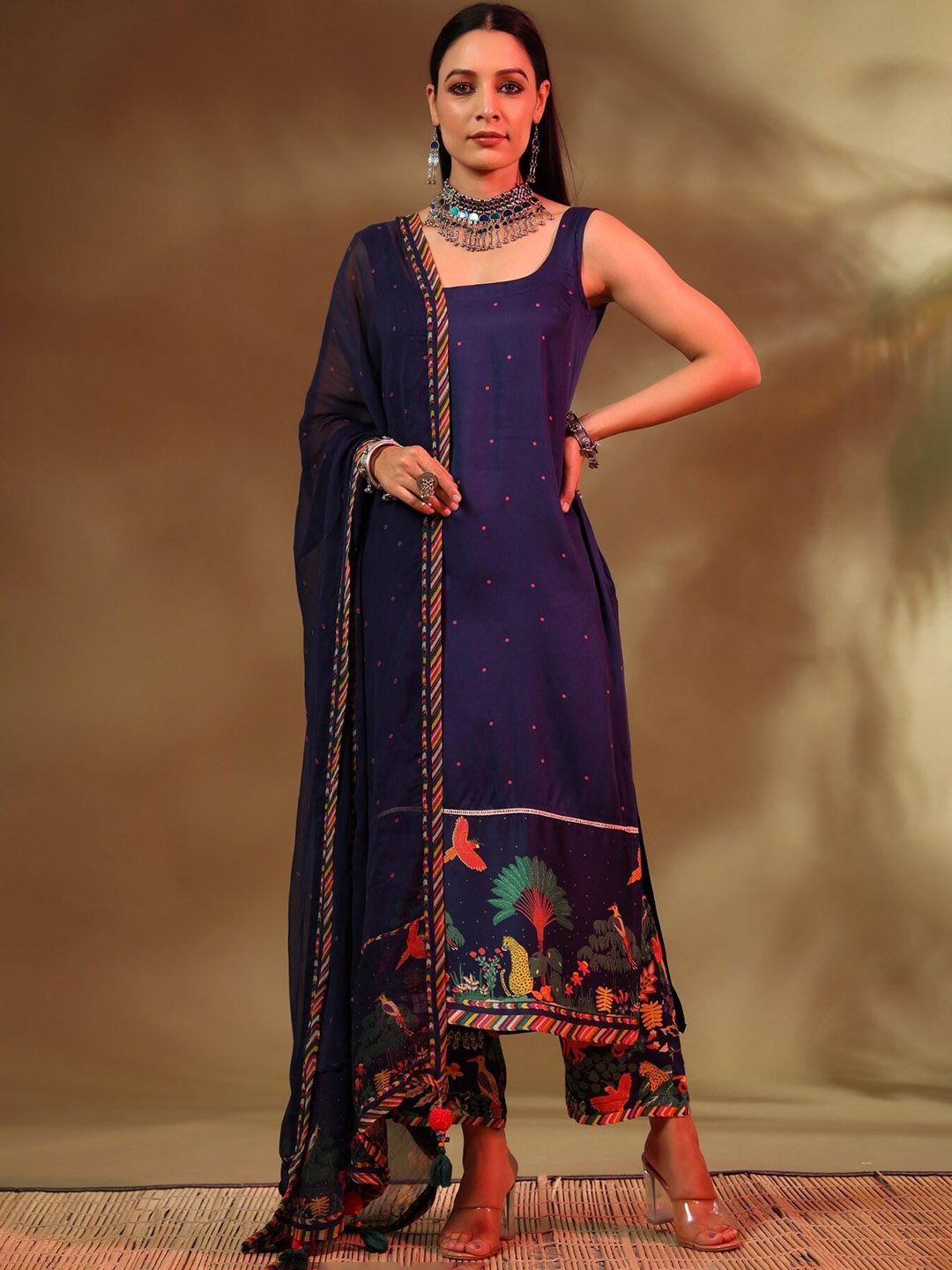 baise gaba women ethnic motifs printed straight kurta with trousers & dupatta