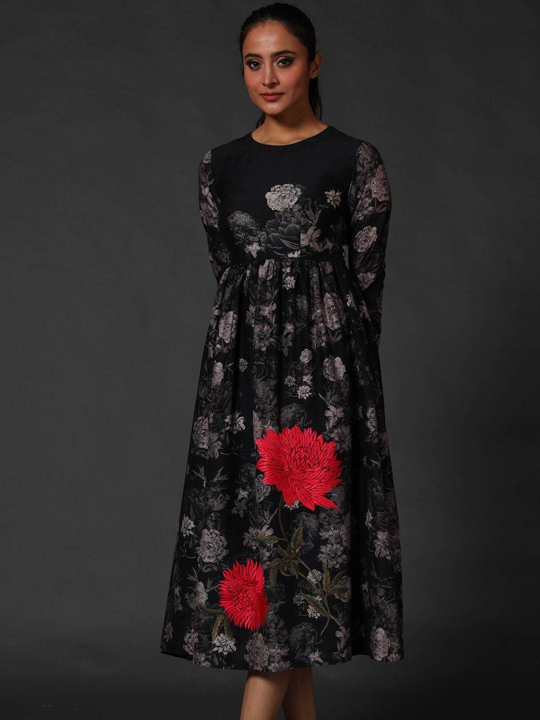 balance by rohit bal floral printed gathered detailed chanderi silk fit & flare dress