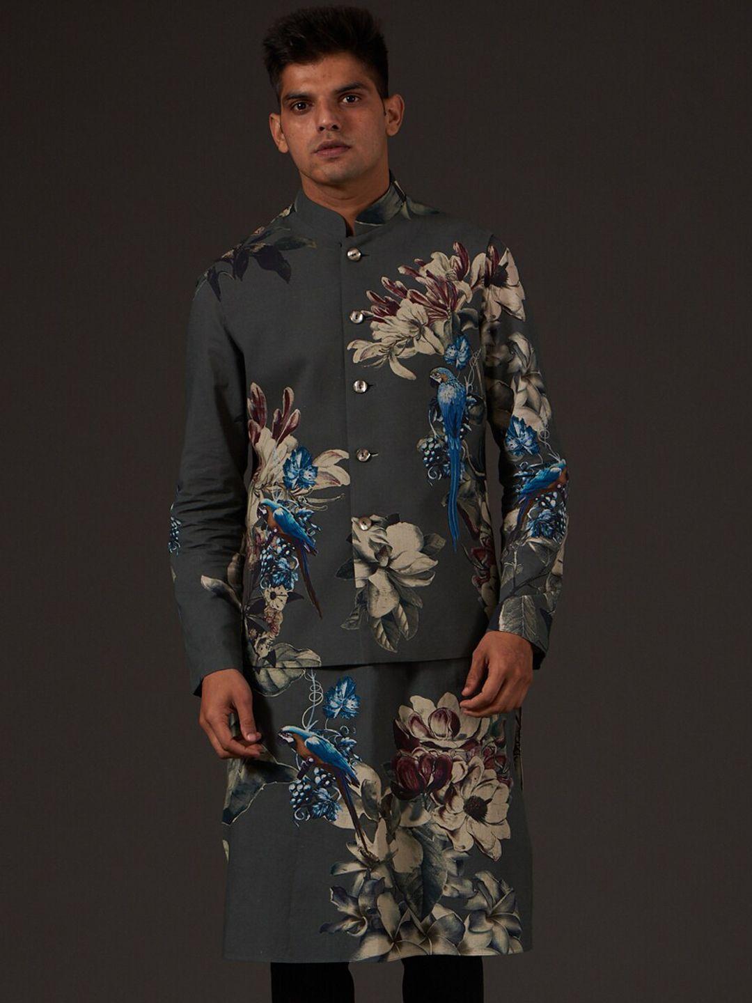 balance by rohit bal floral printed pure cotton kurta with pyjamas & jacket