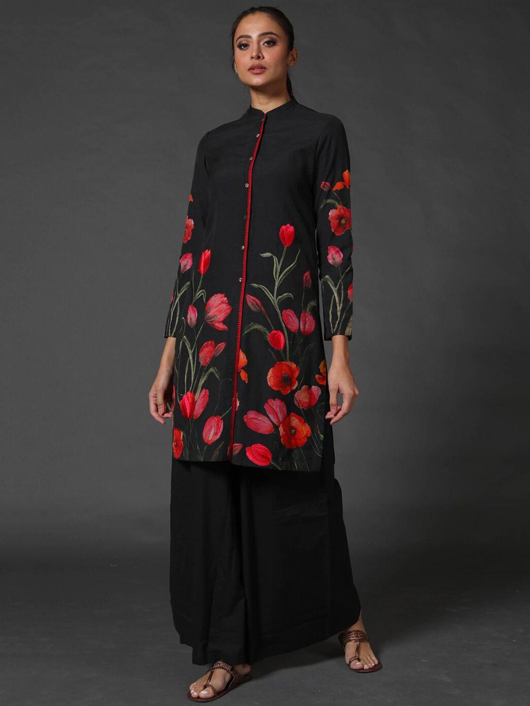 balance by rohit bal women black printed chanderi silk kurti with palazzos