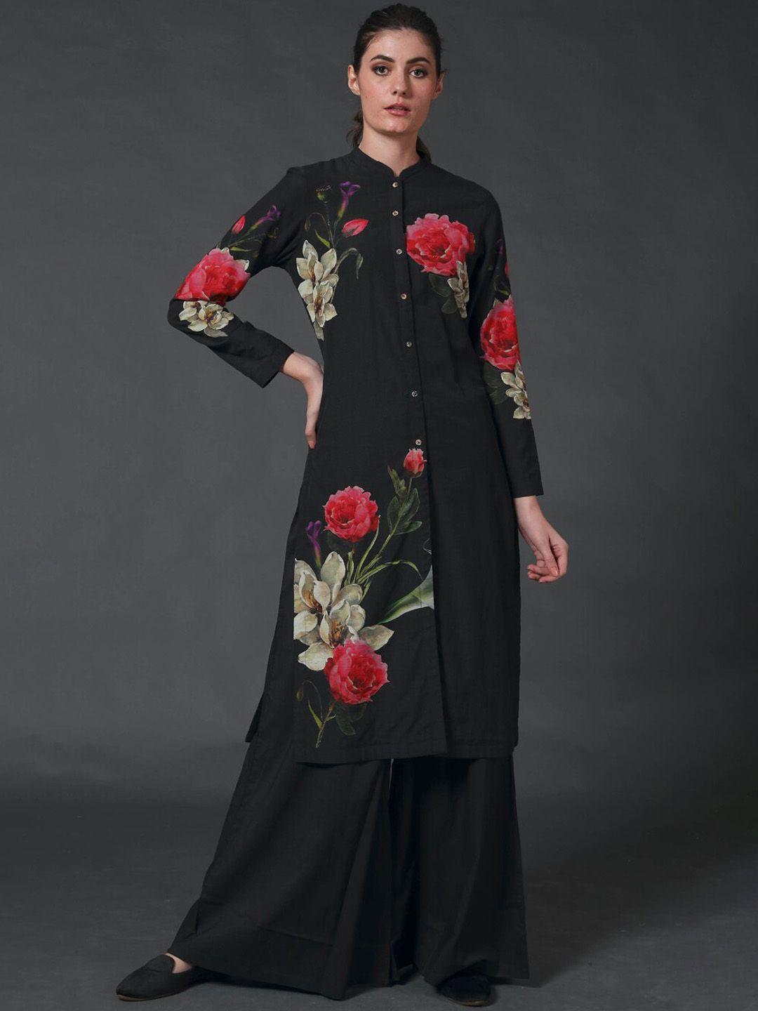 balance by rohit bal women black printed chanderi silk kurti with palazzos