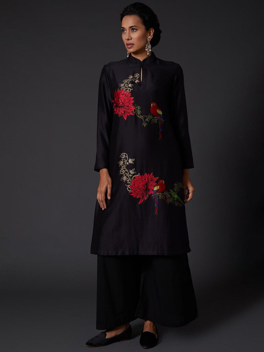 balance by rohit bal women black pure silk kurta with churidar & pure silk