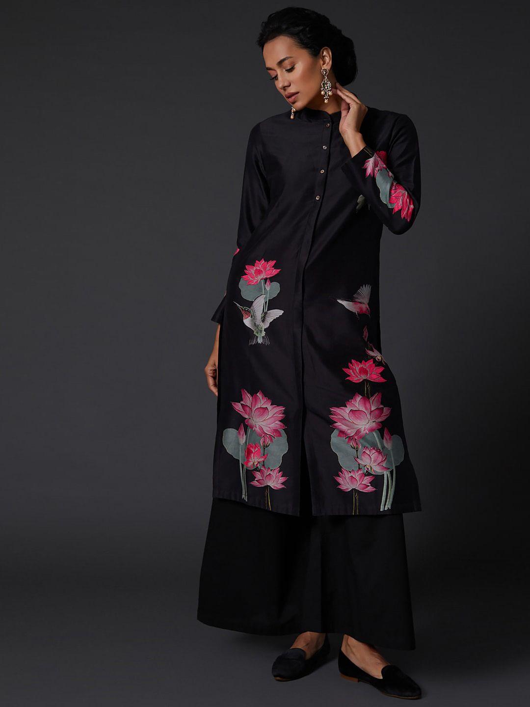 balance by rohit bal women black pure silk kurta with churidar & pure silk