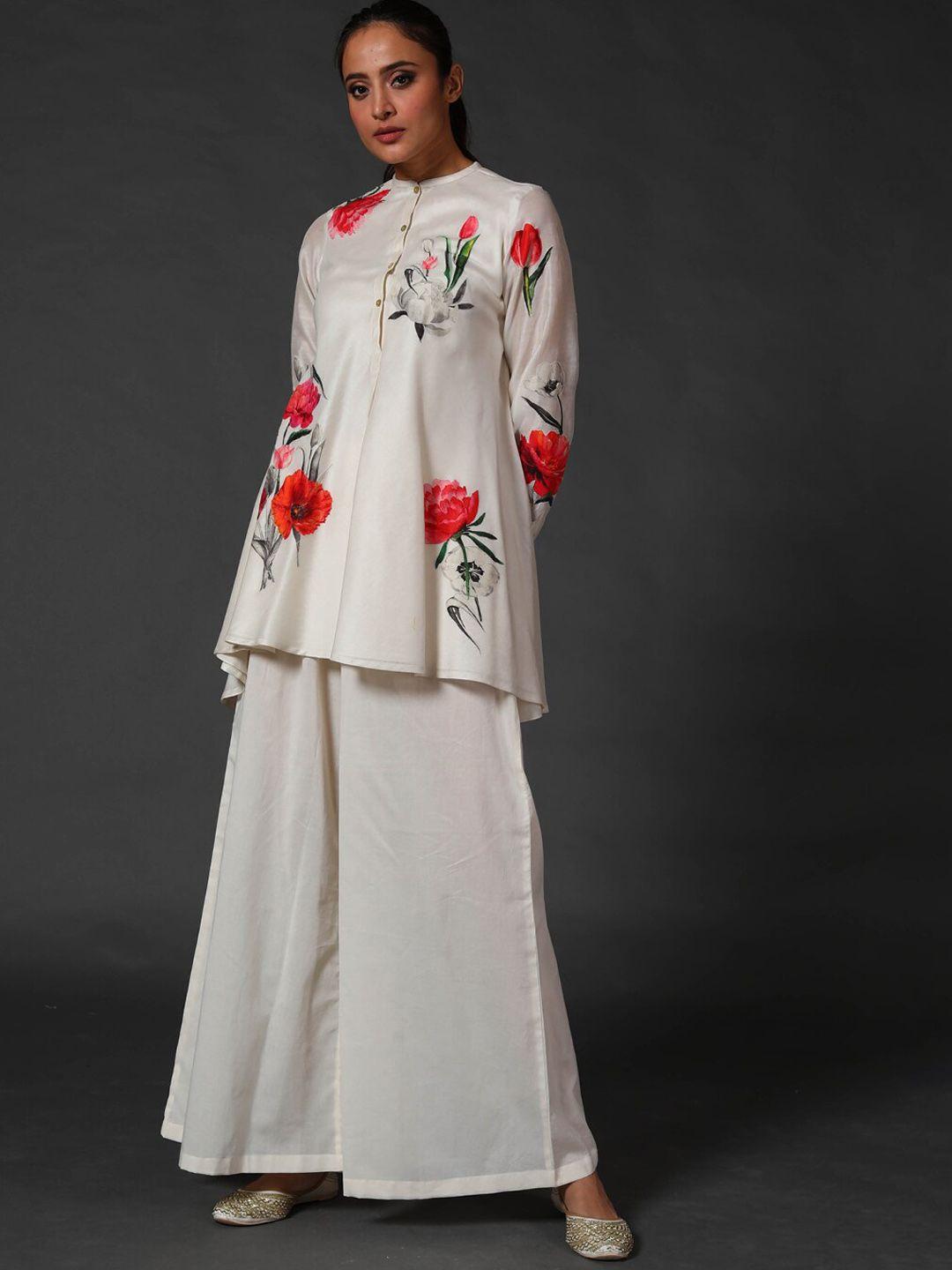 balance by rohit bal women off white printed chanderi silk kurti with palazzos