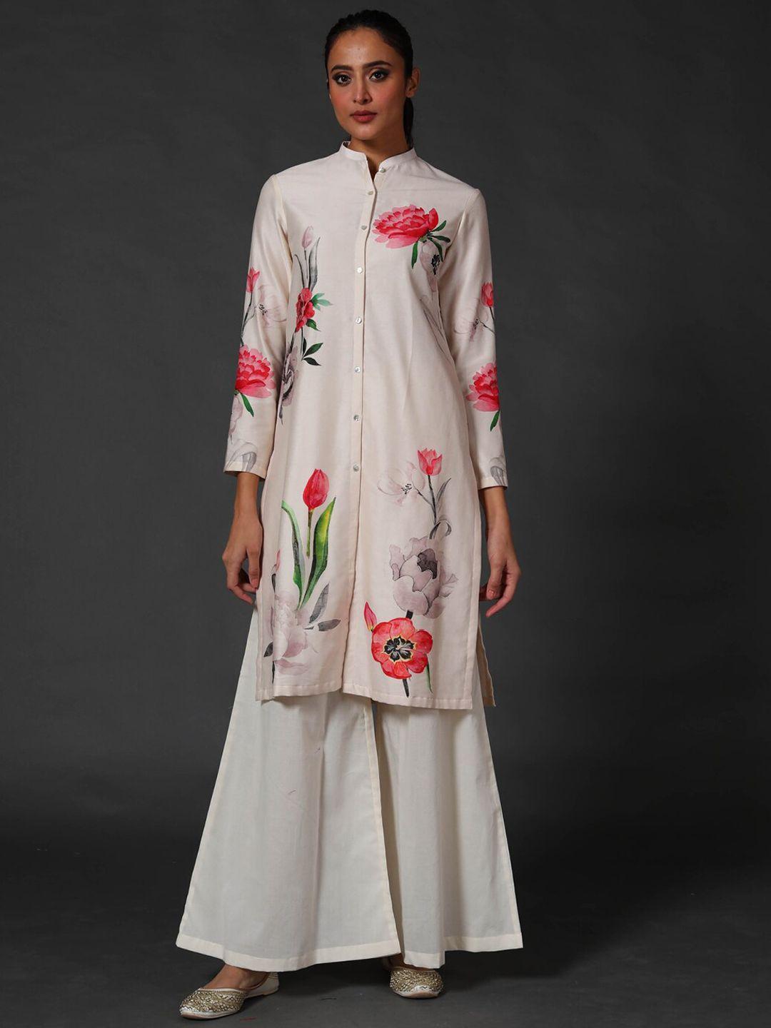 balance by rohit bal women off white printed chanderi silk kurti with palazzos
