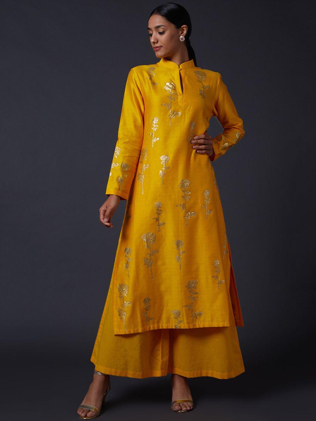 balance by rohit bal women yellow pure silk kurta with churidar & pure silk