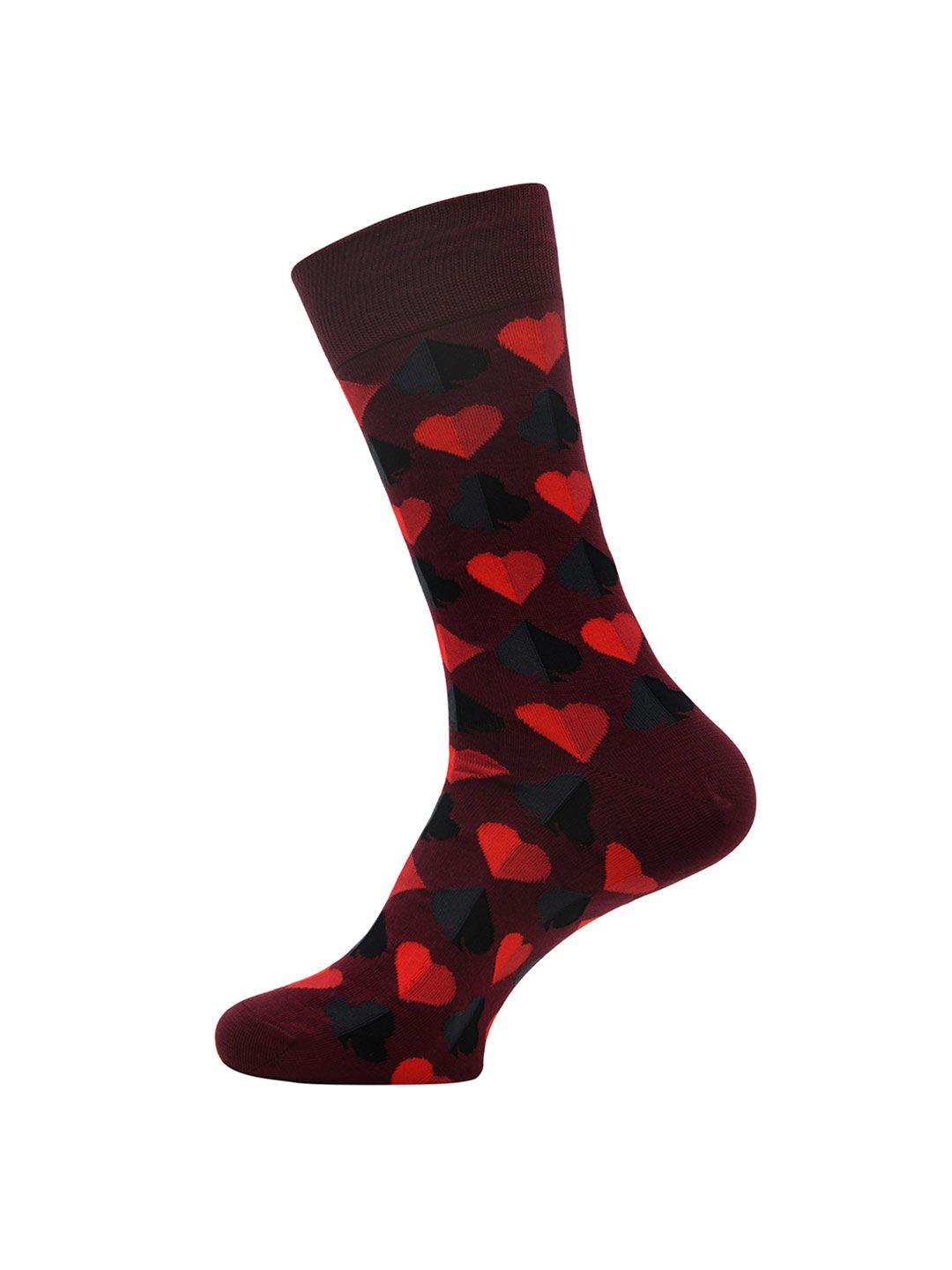 balenzia men maroon & black patterned cotton calf-length socks