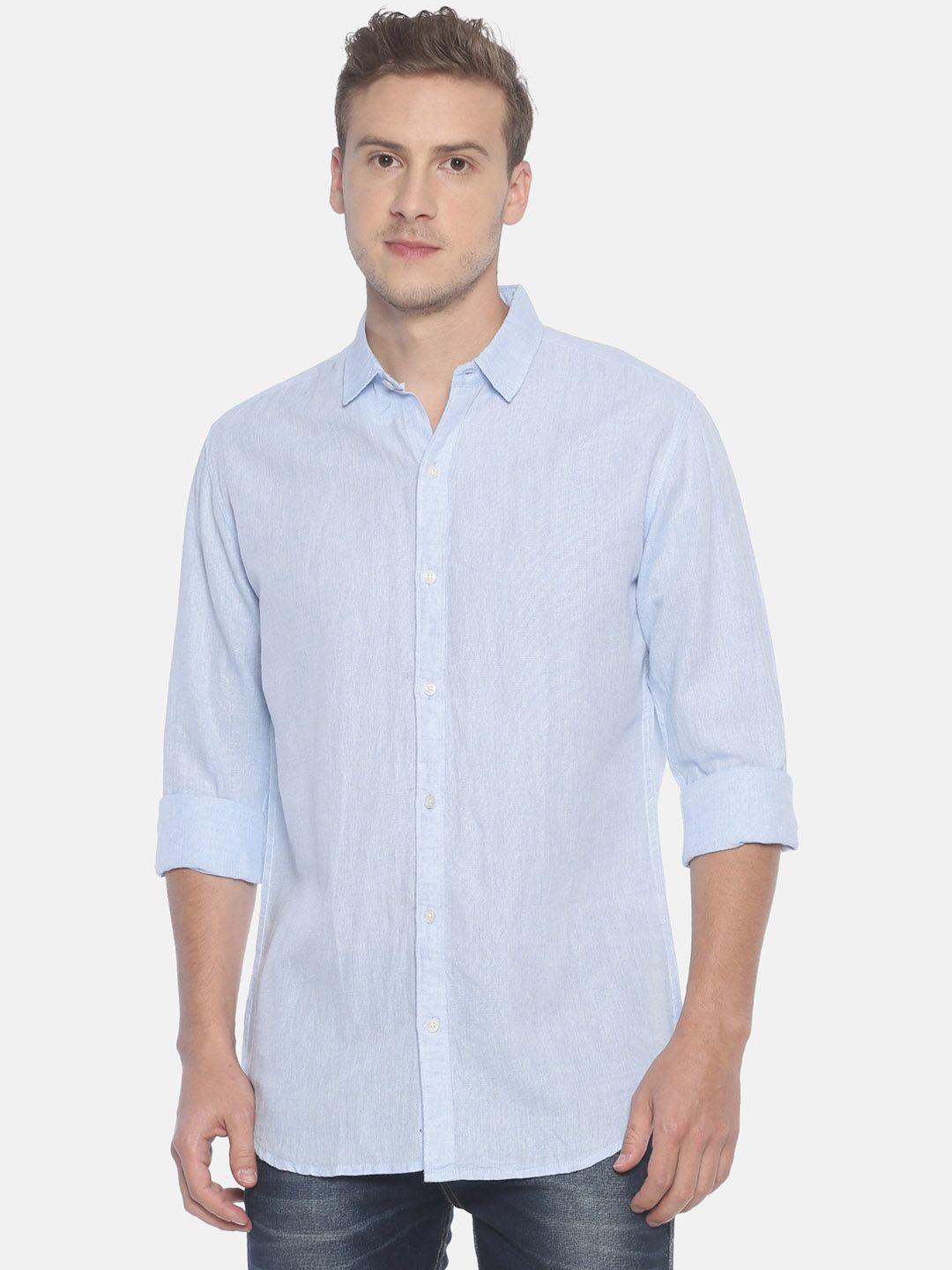 balista men blue standard slim fit solid cotton linen casual shirt