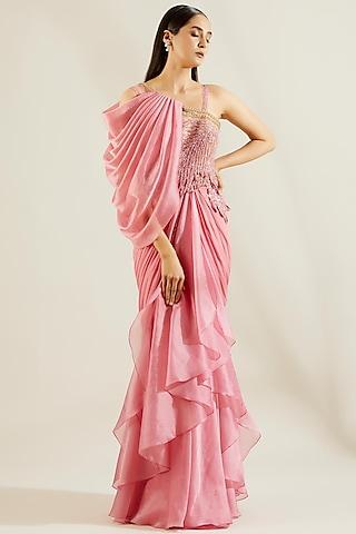ballerina pink embellished ruffled draped saree set