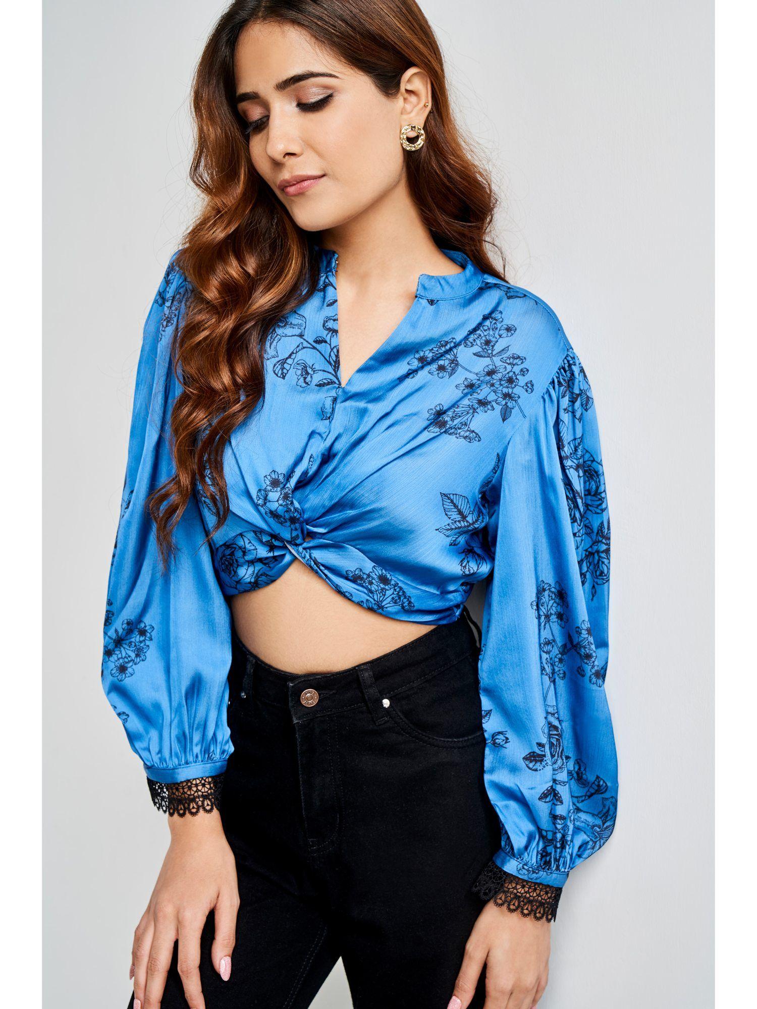 balloon sleeve teal floral crop top