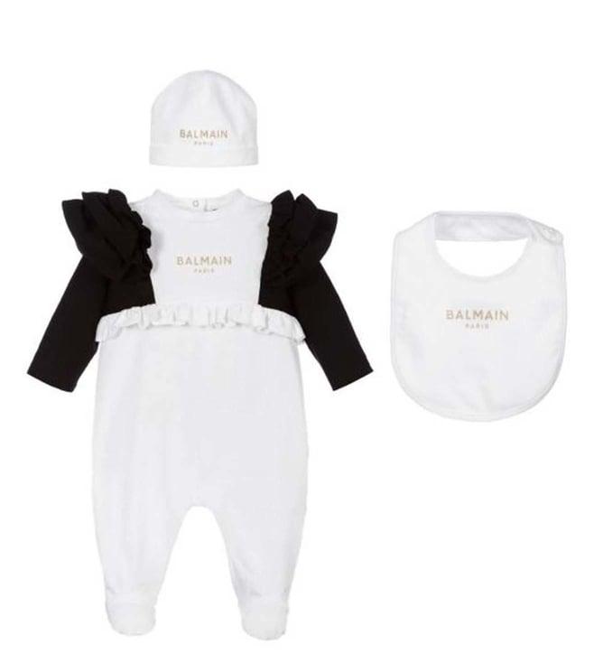 balmain kids white logo comfort fit babysuit, cap & bib