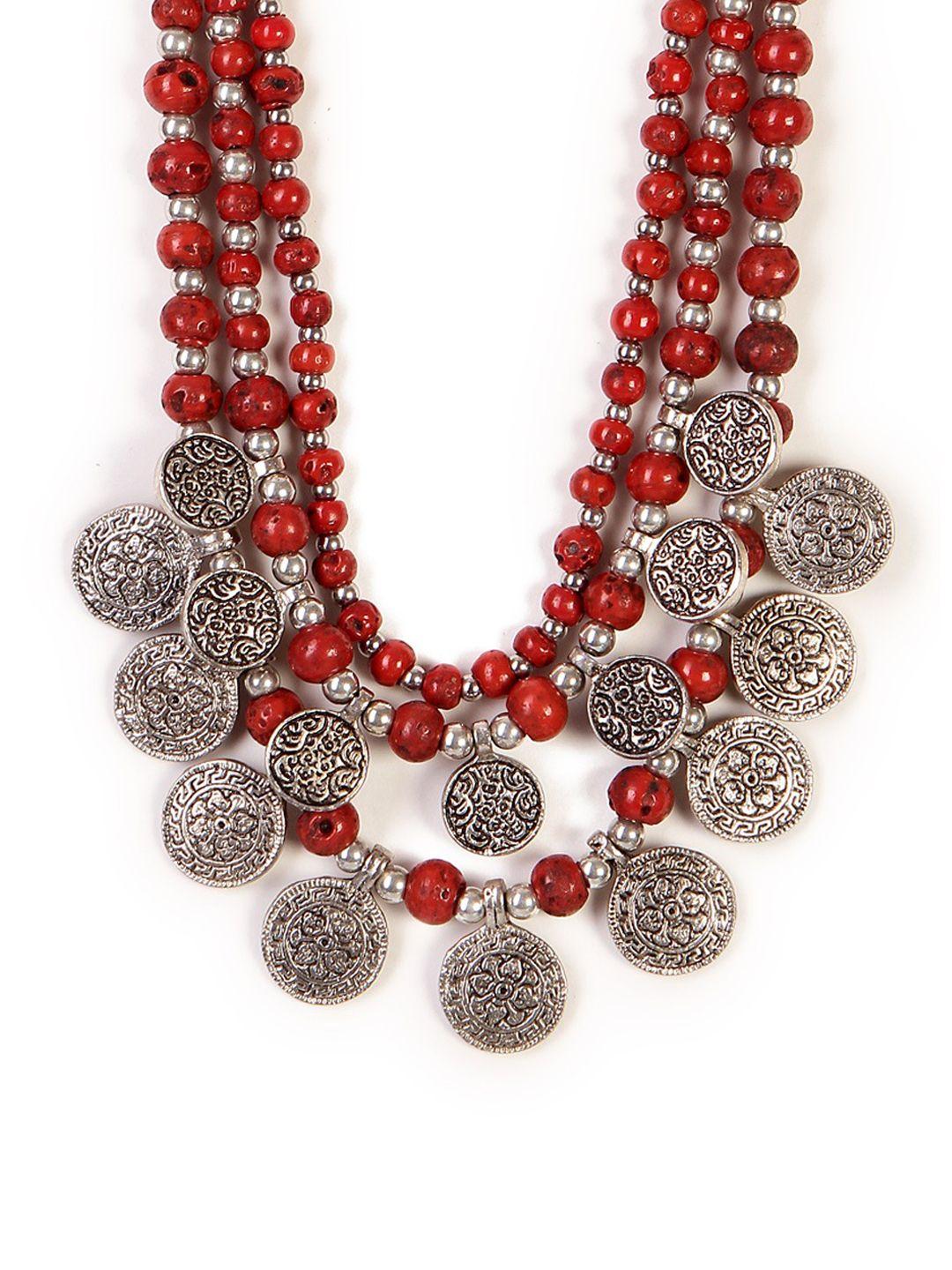 bamboo tree jewels red & silver-toned metal necklace