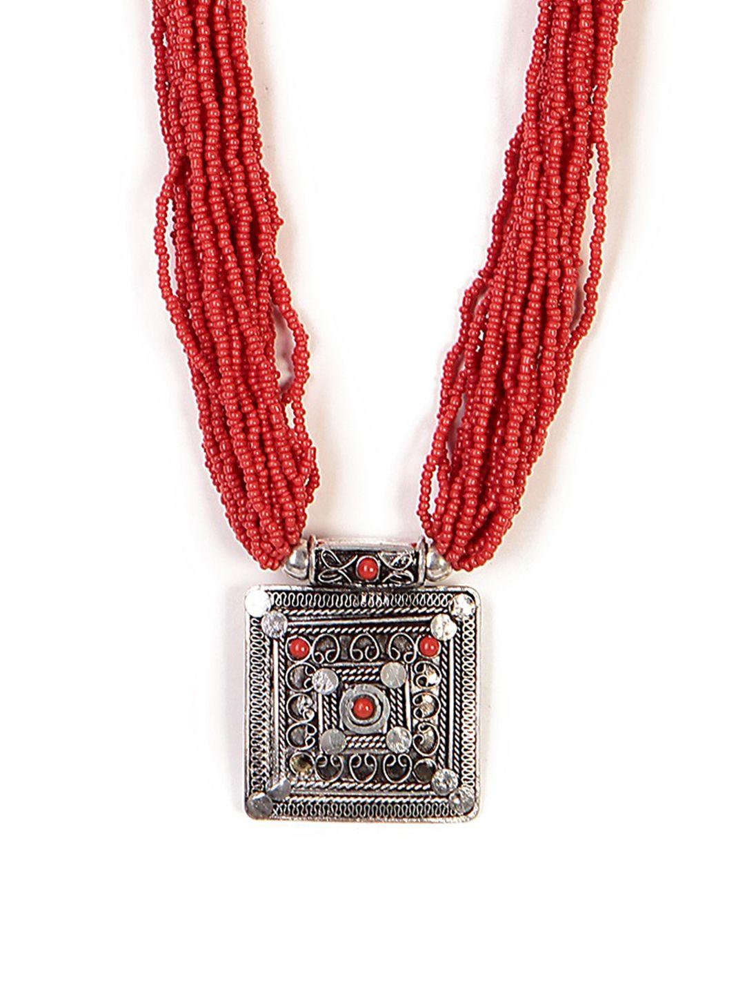 bamboo tree jewels red & silver-toned metal necklace