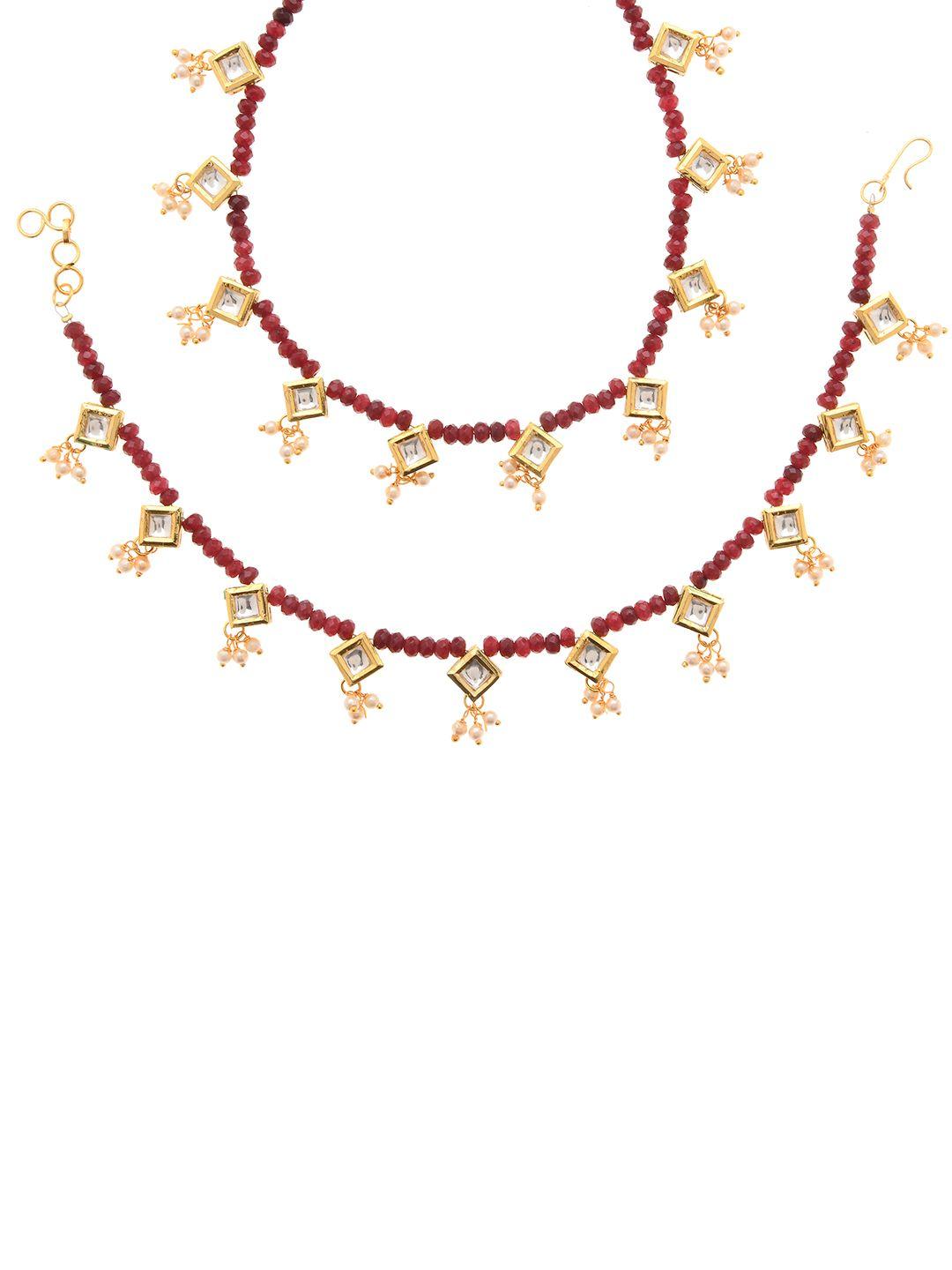 bamboo tree jewels set of 2 gold-toned & maroon beaded kundan studded handcrafted anklets