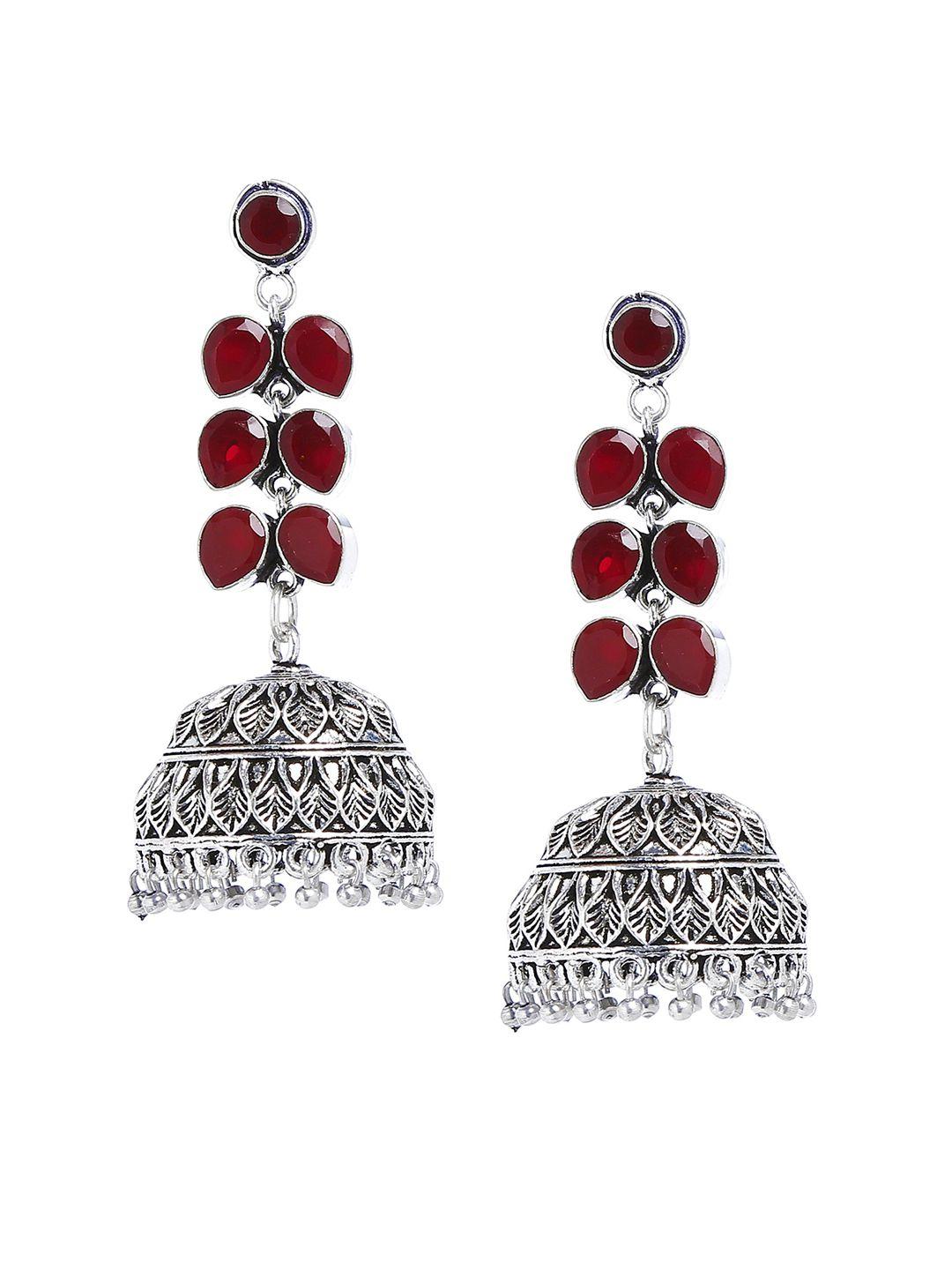 bamboo tree jewels silver-toned & red dome shaped jhumkas