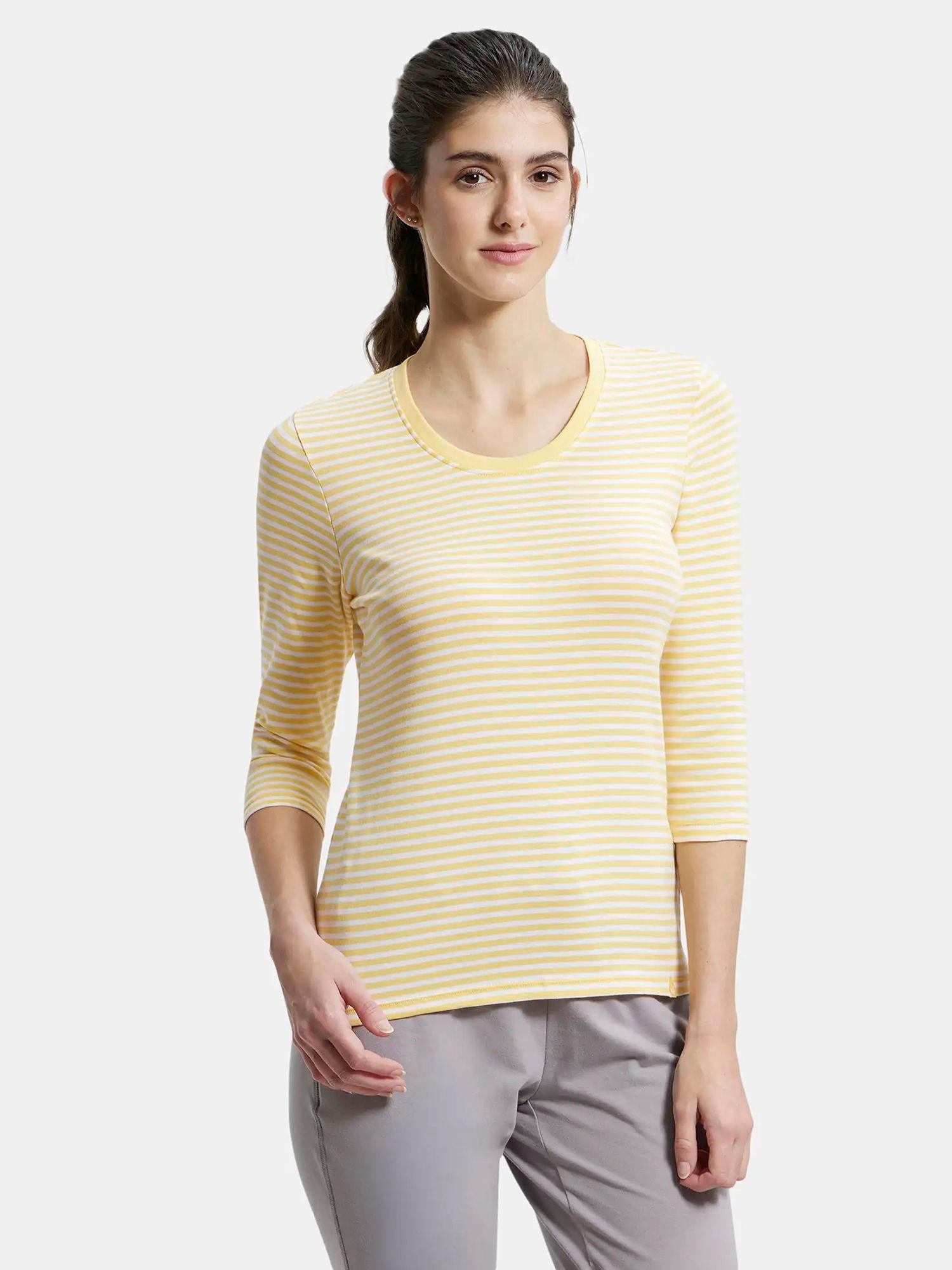 banana cream & white yarn dyed stripe 3/4 sleeve t-shirt - style number - 1360
