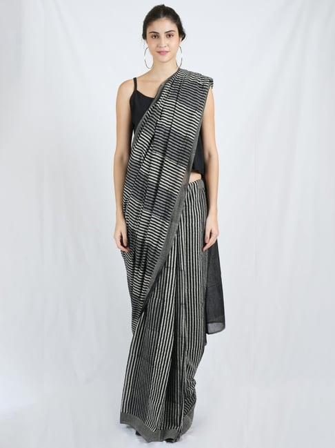 banana labs black monochrome edit cotton charcoal gradede mul handblock printed saree