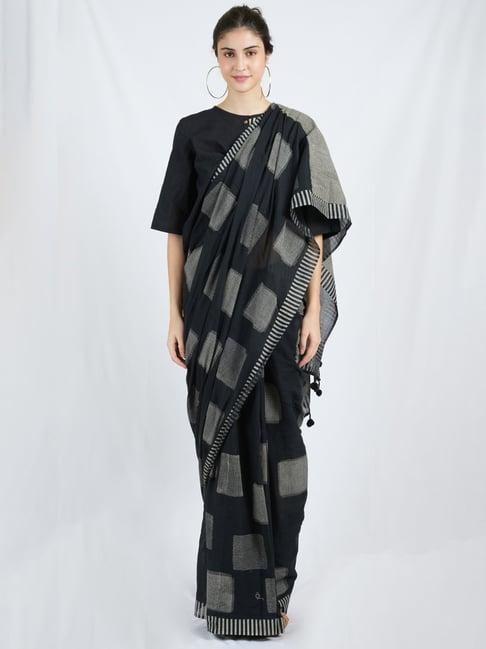 banana labs black monochrome edit cotton charcoal space boxy mul handblock printed saree