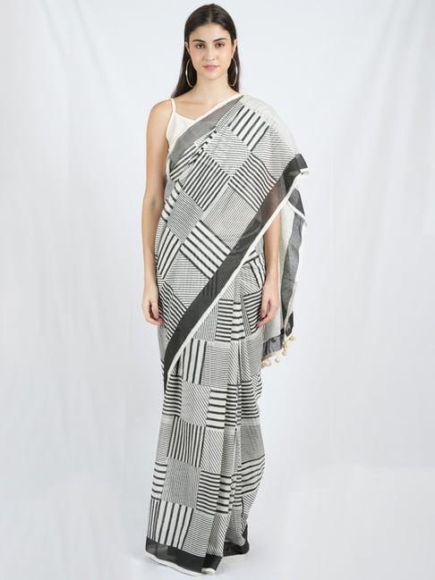 banana labs white monochrome edit cotton mul handblock printed collage saree