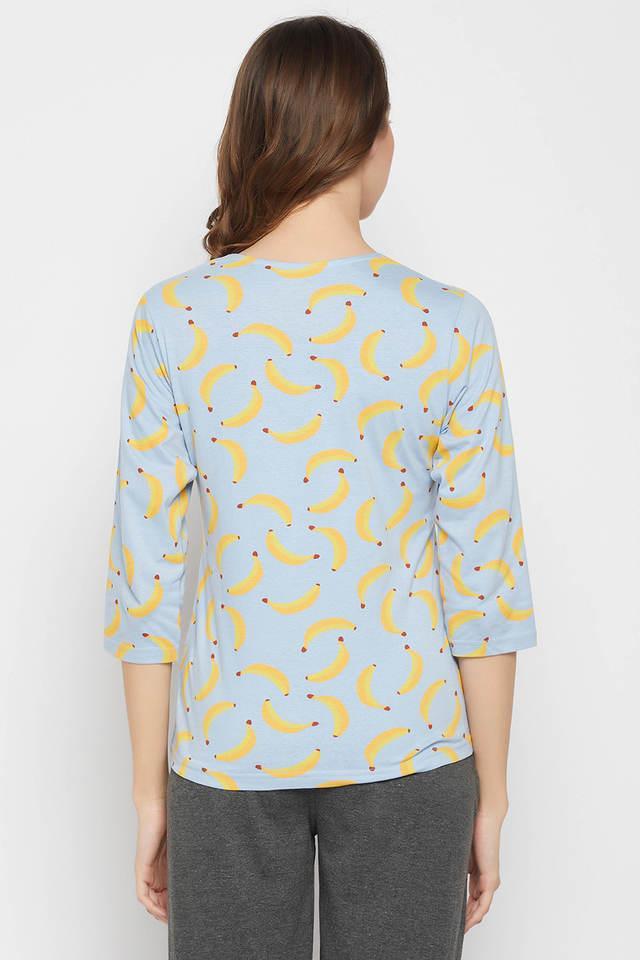 banana print top in baby blue - cotton