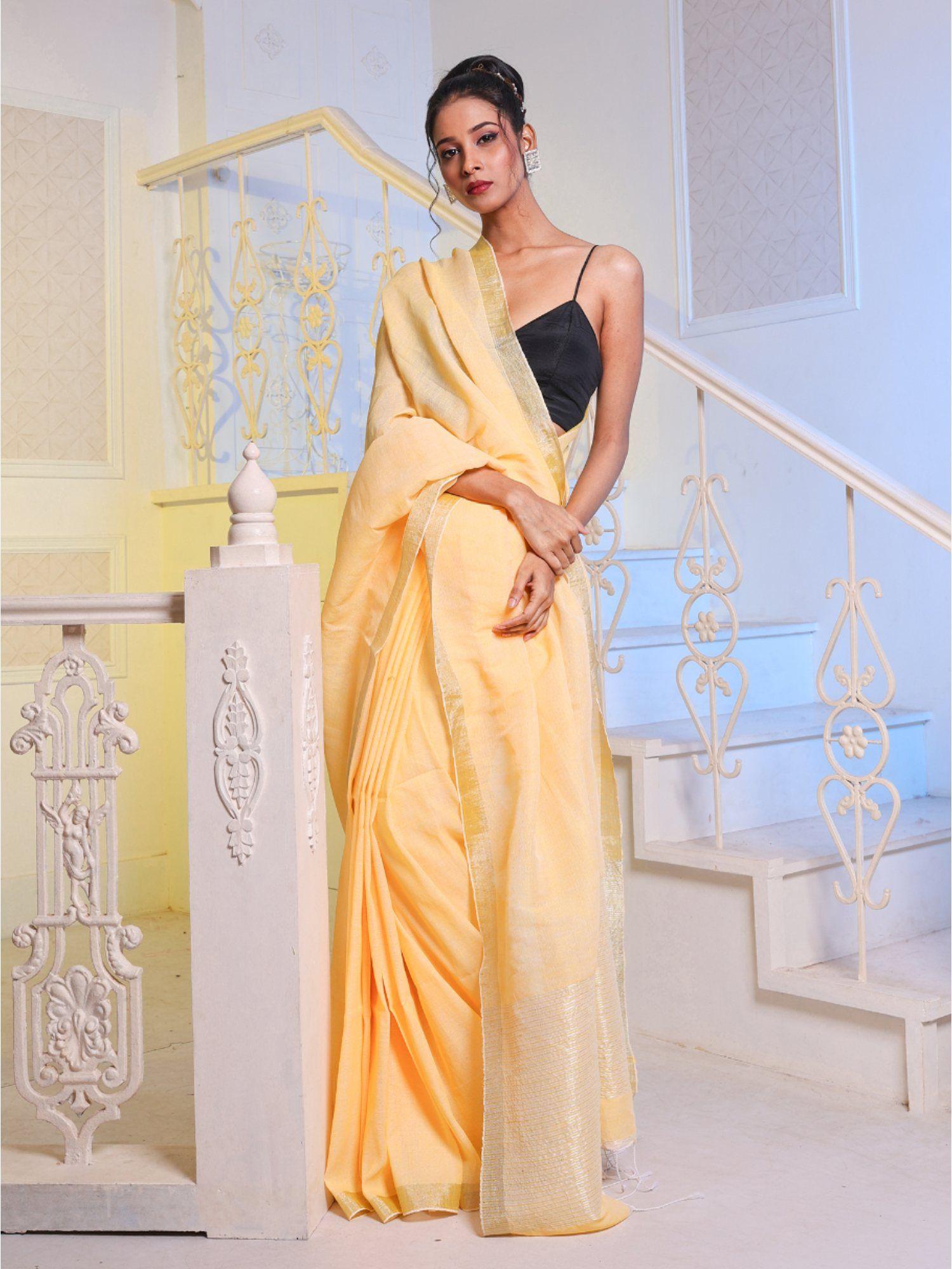 banana yellow linen handwoven saree with unstitched blouse