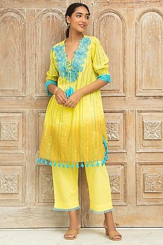 banana yellow ombre printed kurta set