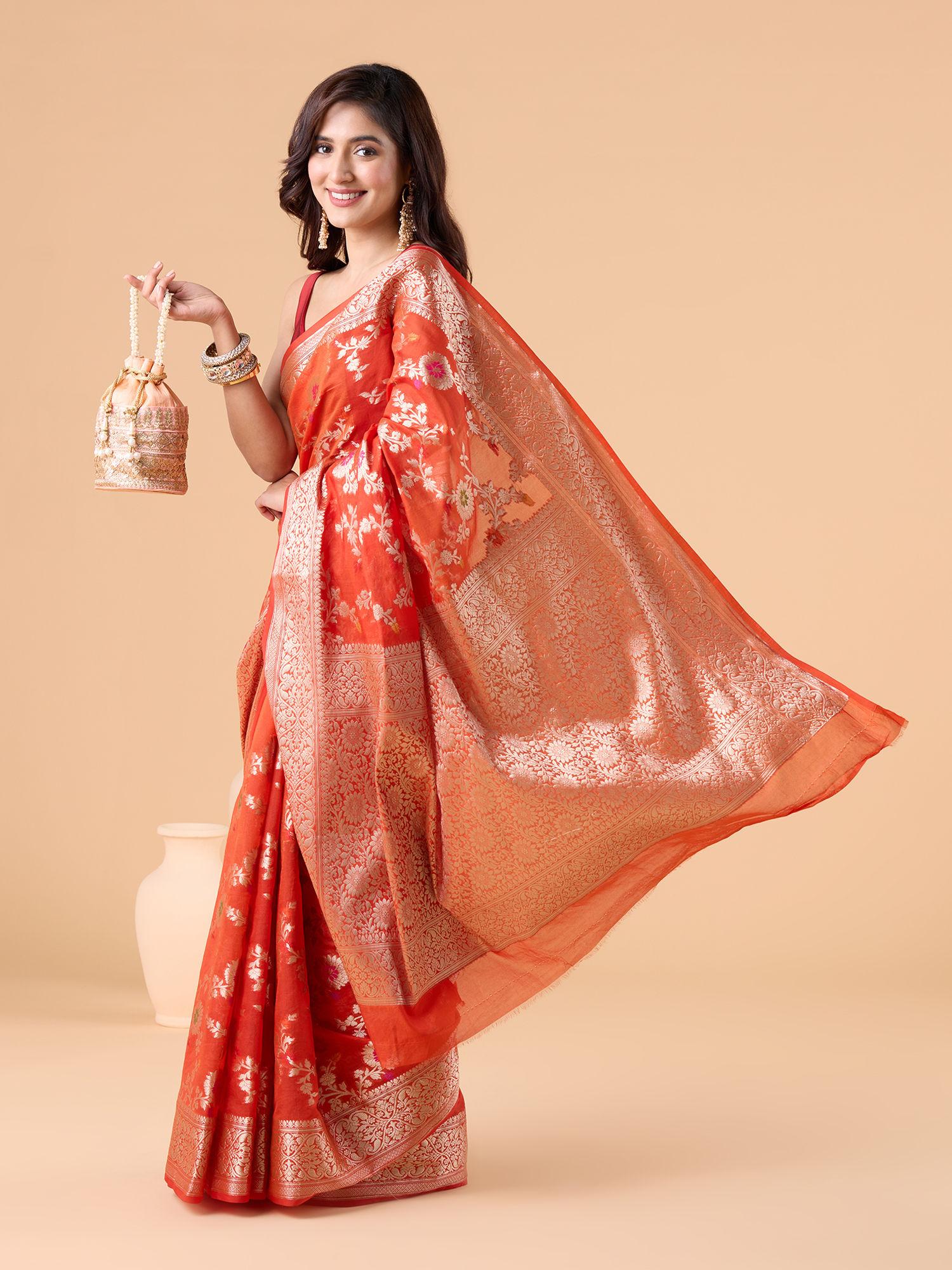 banaras brocade with contrast gold zari border festive orange saree & unstitched blouse