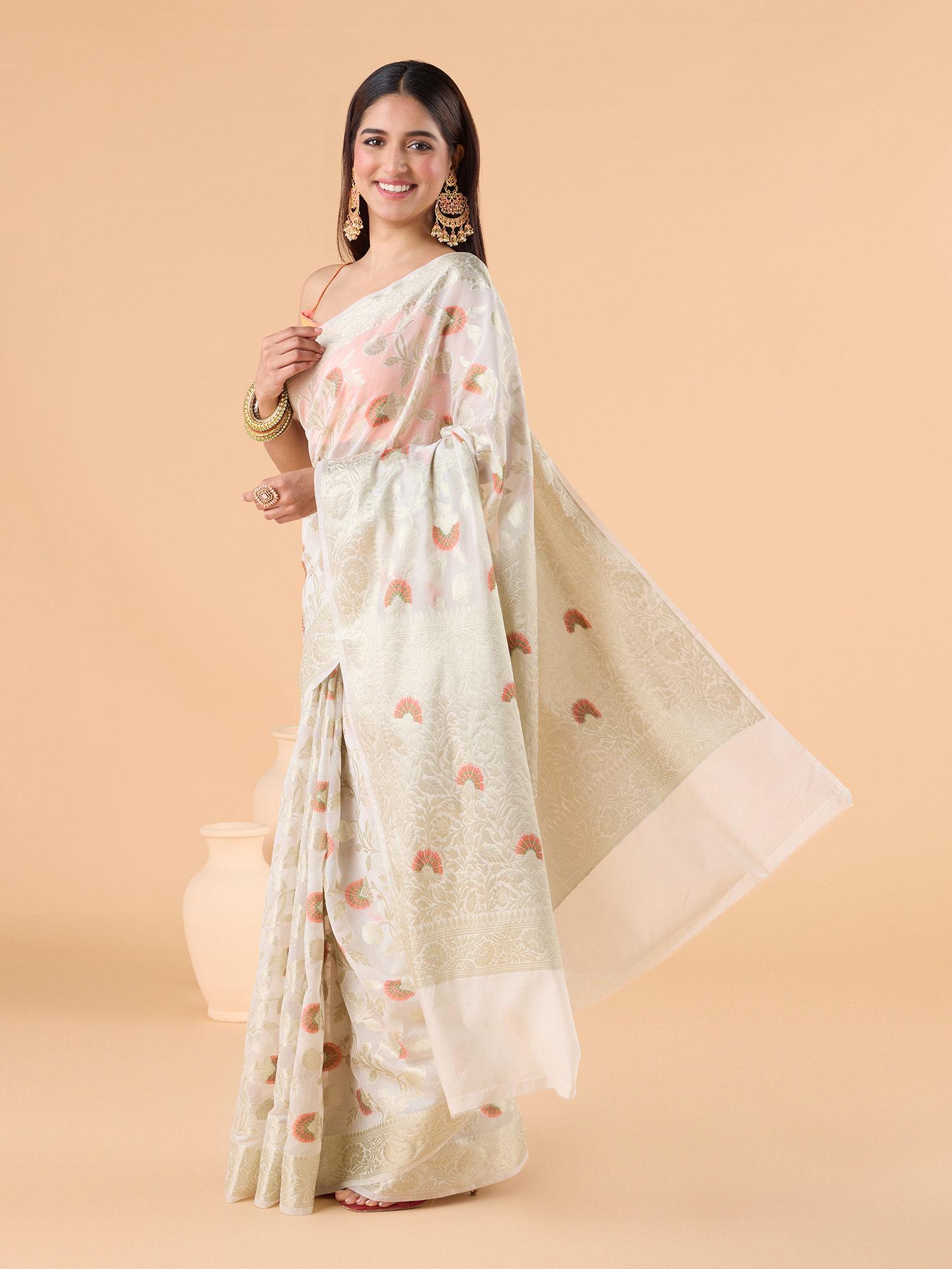 banaras brocade with contrast orange motifs zari border white saree & unstitched blouse