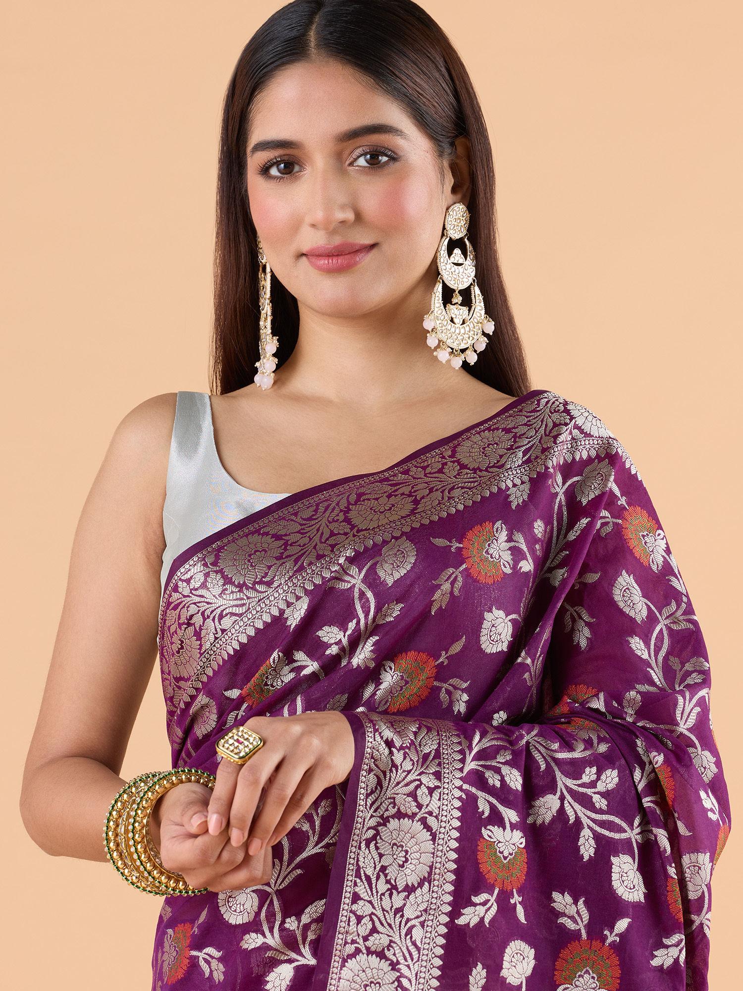 banaras brocade with contrast zari border festive purple saree & unstitched blouse