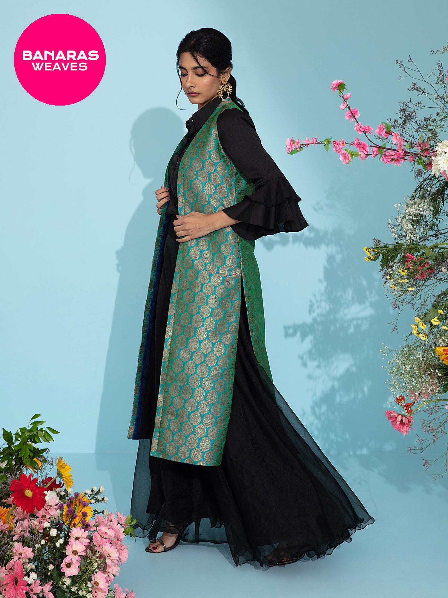 banaras green front open brocade jacket ggjck02