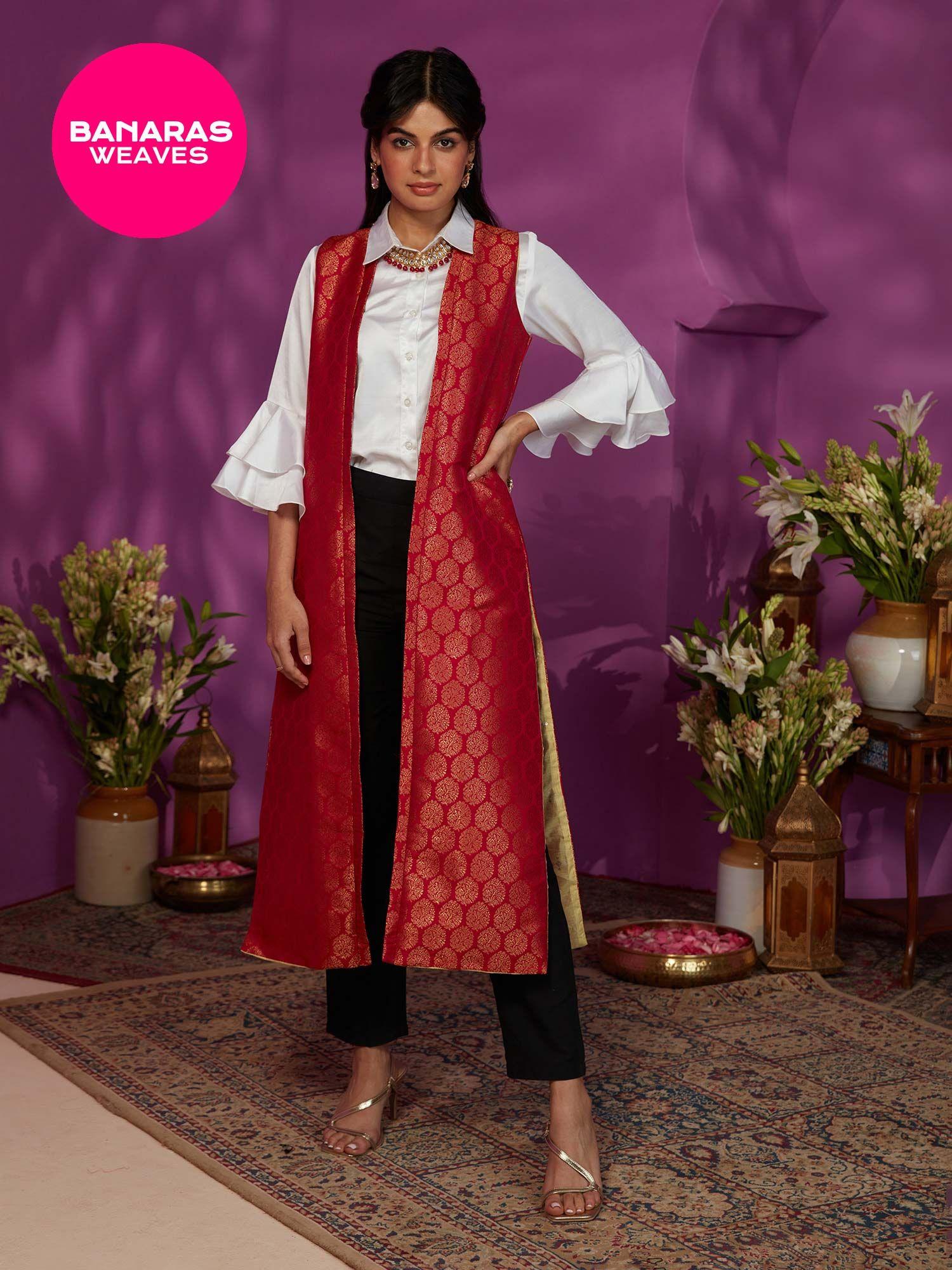 banaras red front open brocade jacket ggjck02